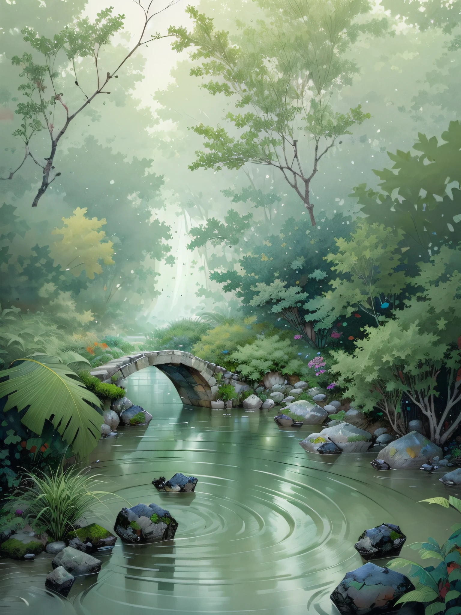 Chinese ancient times, spring, jungle, lake, cave, waterfall, tree, meadow, rock, deer, hot spring, water vapor, (illustration: 1.0), epic composition, realistic lighting, HD details, masterpiece, best quality, (very detailed CG unified 8k wallpaper)