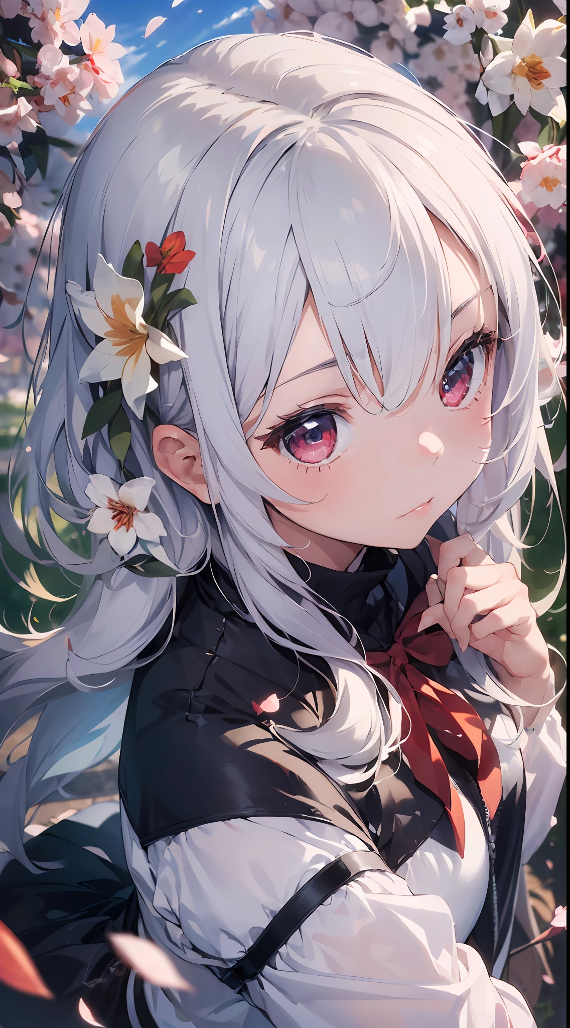 ((masterpiece, best quality)),(1girl, solo:1.4), silver hair, wine red eyes, from above, beautiful detailed eyes, vivid, cloudy sky, flower, awesome flower, daffodil, falling petals, sanshoku dango, hanami, picnic