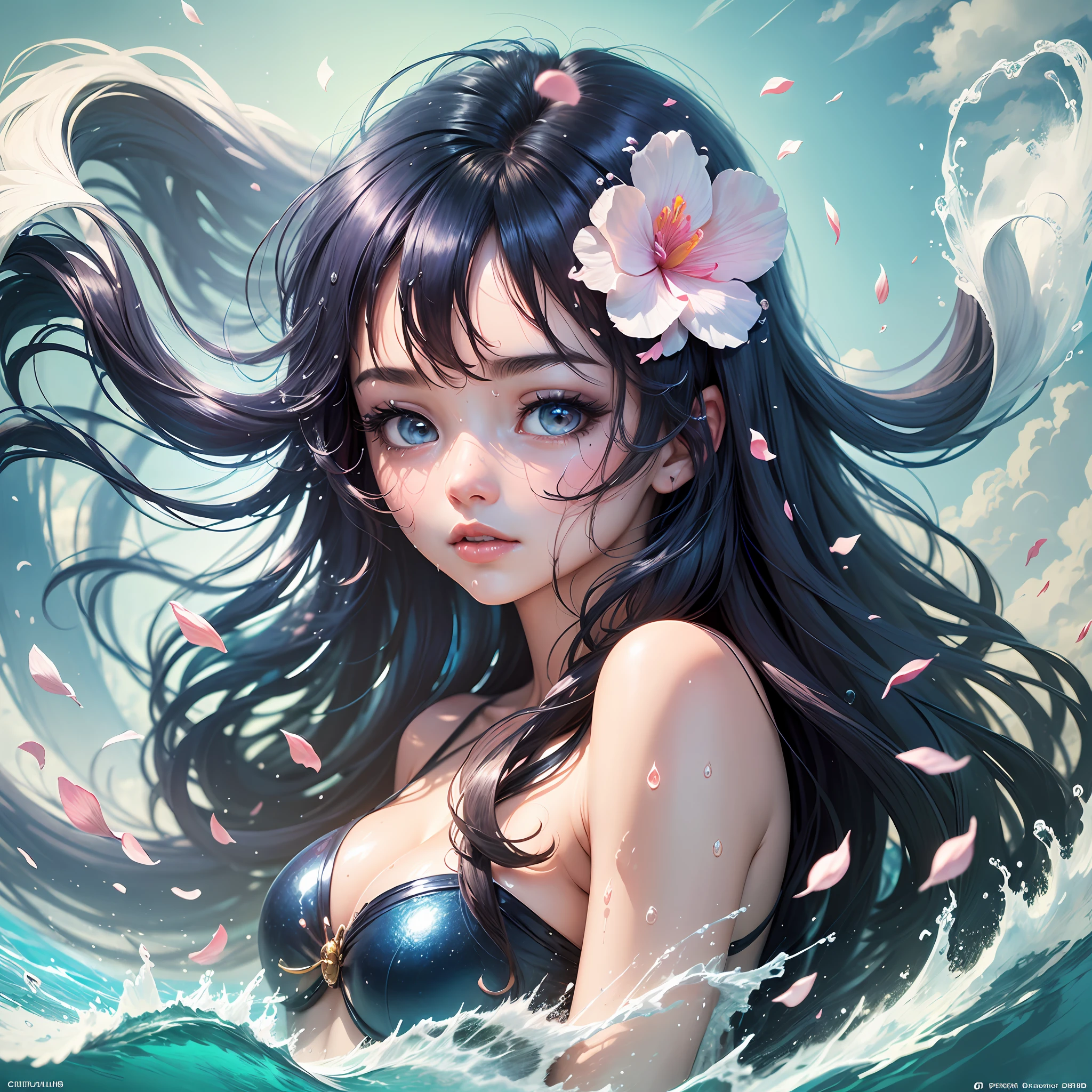 An extremely detailed illustration of a cute beautiful girl on the sea beach, perfect body, (anime illustration), ((detailed water)), (detailed sky), (detailed sea), {detailed eyes). (dramatic lighting), ((Masterpiece)), ((blue bubble)), ((perfect detailed hands)), detailed splashes, ((intricate detail)), (((young girl))), Jewel-like eyes, (floating hair), long hair, (((smooth wet skin))), (flowers), sunlight, ((surrounded by floating petal)), focus on the subject, chiaroscuro, swimming ring, waves, coconut trees, HD wallpaper, UHD image, trending on Pixiv --auto --s2