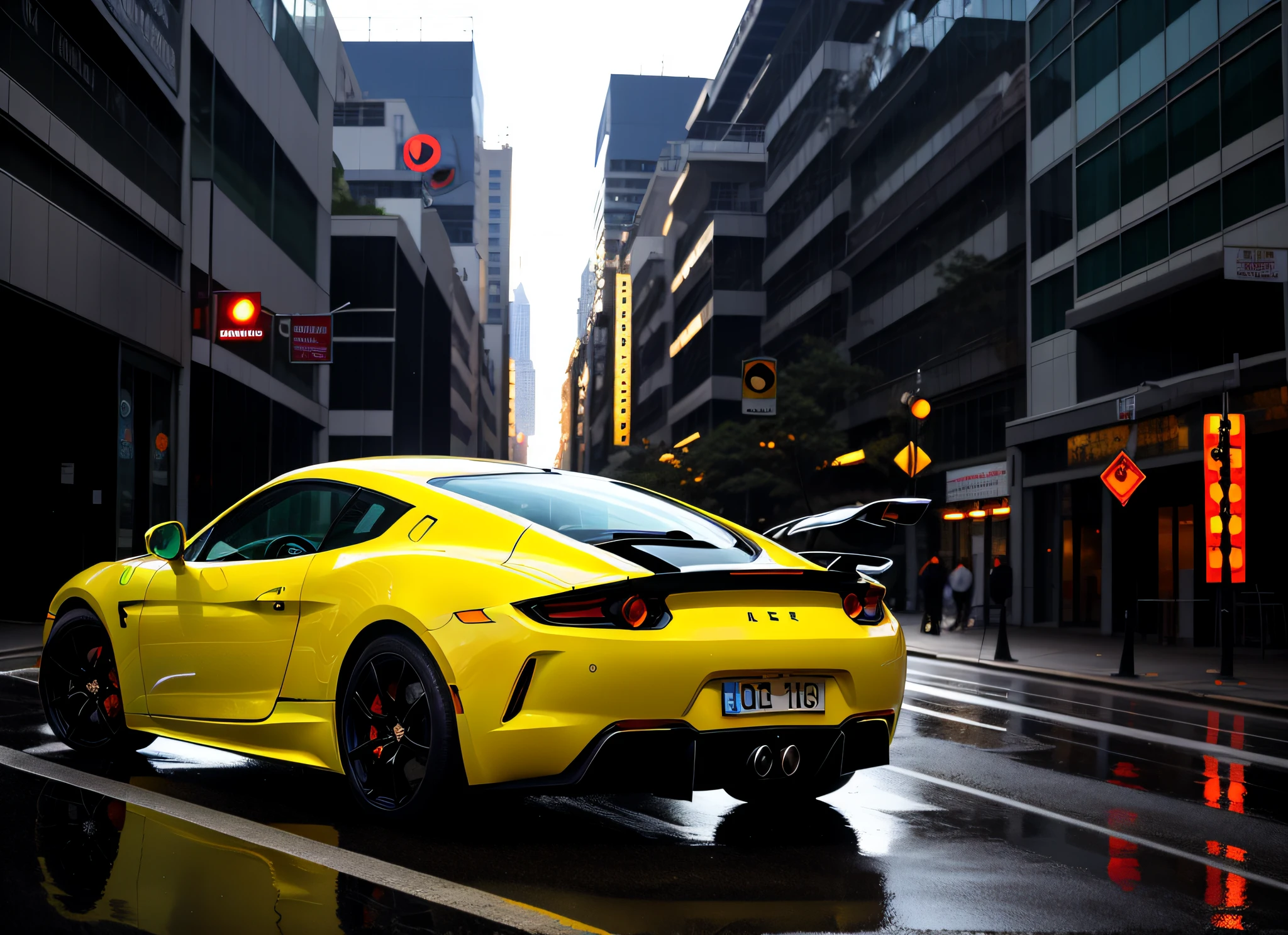 Masterpieces, super handsome sports cars on the street, early morning, rain, reflections of light and shadow, movies, flares, brighter, sunlight