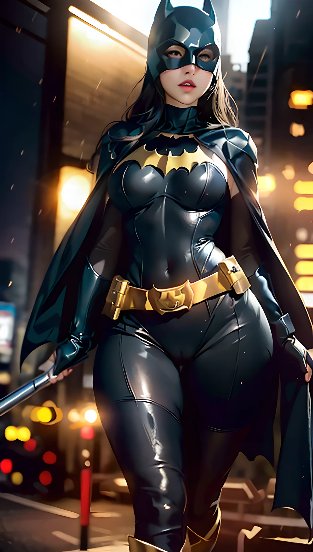 ultra realistic 8k cg, picture-perfect face, flawless, clean, masterpiece, professional artwork, famous artwork, cinematic lighting, cinematic bloom, perfect face, beautiful face, beautiful eyes, ((perfect female body, narrow waist, huge breasts)),absurdly long hair, very long hair, pattern, sexy, charming, alluring, jim lee,1girl, (batman uniform: bat signal, batman utility belt, cape, city, cloud, cloudy sky, gloves, lens flare), ((batgirl mask)), night, outdoors, rain , serious, sky, solo, spotlight, (superhero) , thick thighs, thighs, batgirl black boots, black leggings batgirl, seductive, erotic, enchanting, areola_slip, ( background with depth, blurred background), (masterpiece: 1.2) looking at viewer, blush, very detailed, (PureErosFace_V1:0.7), (cameltoe:1.2), (hourglass figure) , (ulzzang-6500- v1. 1:0.6), starry,starlight,night,
