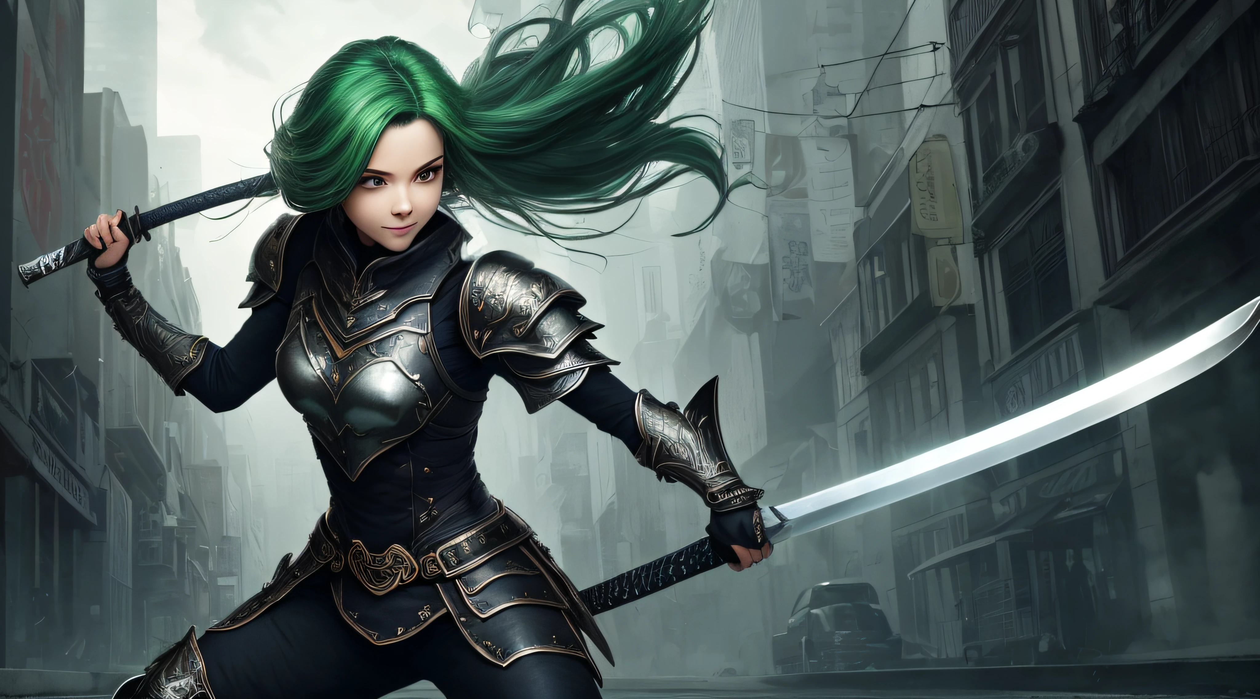 (extremely detailed 12k neon dark city wallpaper, masterpiece, best quality, extremely detailed). Full body painting of girl in frame, dynamic professional pose, a young girl, perfect face surgery, gorgeous and pretty with light green hair blowing in the wind, current armor beautiful, intricately detailed black ultimate, a work of art (a smile, beautiful eyes, impressive at first glance, excellent quality, detail), impressive shadows , gloomy atmosphere. Extremely detailed Japanese katana sword in right hand, true to standard, masterpiece, best quality --auto