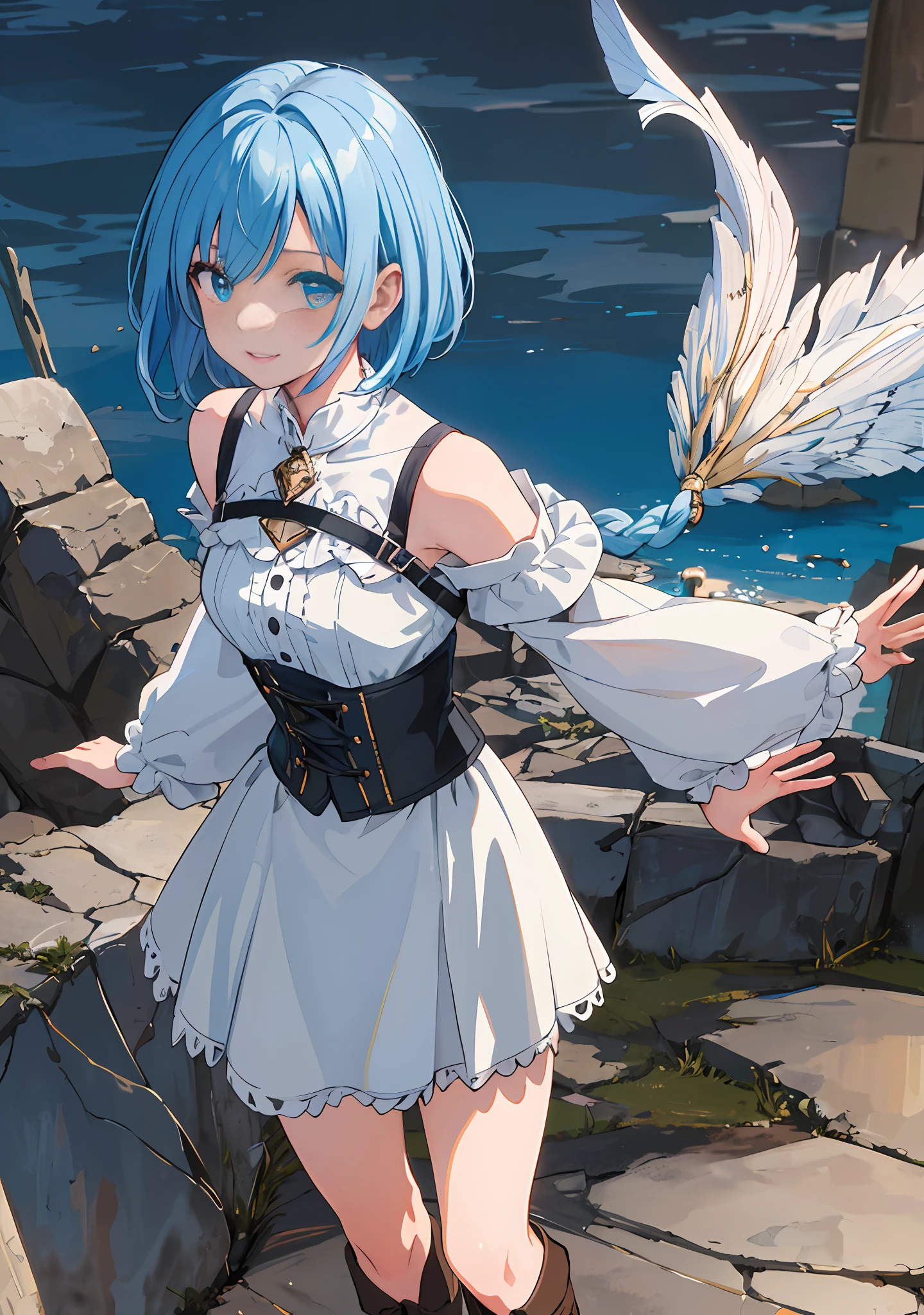 ((Masterpiece), (Best Quality)) (super detailed), (disheveled hair), photography, masterpiece, best quality, wallpaper, 1girl, 1 girl, solo, full-body, standing, fair-skinned, crystal clear clear skin, soft skin, short cut, ashime bob, sky blue hair, hair over one eye, long side hair, discreet ahoge, sky blue eyes, delicate light eyes, pretty girl, very pretty face, , small facfeet (152 cm) Small stature, drooping eyes, pink lips, delicate and slender, small breasts, small A-cup breasts, five fingers, smiling, looking at the viewer, looking at the camera, blush, embarrassed, shoulder-out, white knee-length dress, corset, dark blue poncho, detailed fabric texture, braided boots, dagger suspended at the waist, anime, game, medieval Europe, half-timbered building, Western-style building, cobblestone, blue sky, dynamic clouds, ( Twilight, (Dramatic Lighting)), (Soft Focus) (Vivid Colors), (Mysterious Atmosphere), Colorful, Global Illumination, Very Delicate and Beautiful, Best Shadows, Shallow Depth of Field, Vivid Colorful Paintings, Dramatic Shadows, Dramatic Lighting, Cinematic Composition, Sharp Focus, (8K), (4K), Highly Detailed, Complex, Highly Detailed