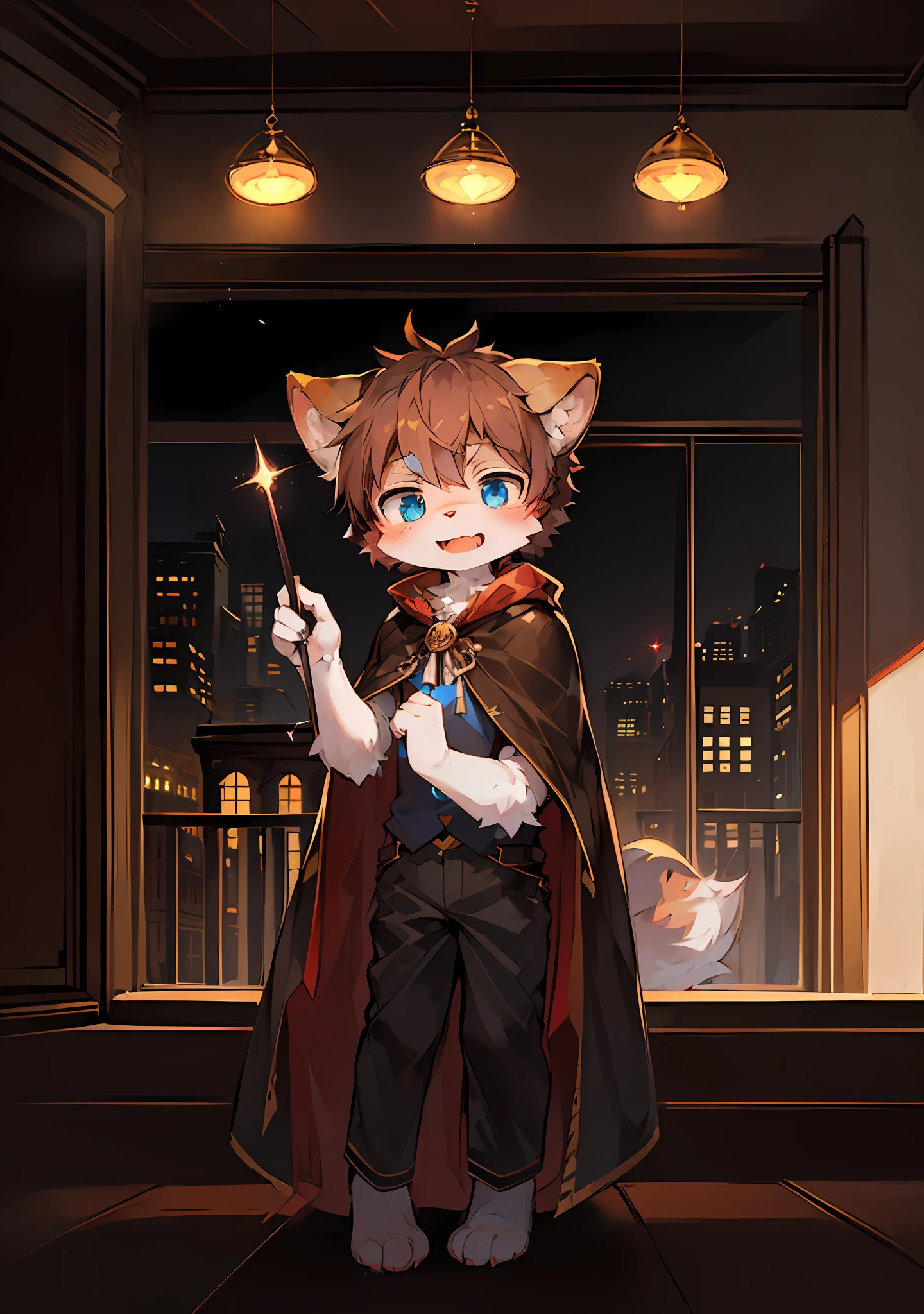 (Dark Environment: 0.8), Masterpiece, High Quality, Abstract Res, Digital Painting\(artwork\), by Dagasi, Yupa, Kiyosan, (Anthro, Fluffy Fur, Character Focus: 1.1), Anthro Male Cat, Short Hair, Portrait ,bright eyes, panorama, character focus. (Detailed background: 0.7), Solo, Furry, Furry male, Super cute face, open mouth, male focus, anthr, (full body fur, fluffy tail, white fur, blue eyes, brown hair: 1.2), (long canine, integrity, high purity, magician, cape: 1.2), (interior, noon, building, wand: 1.1)