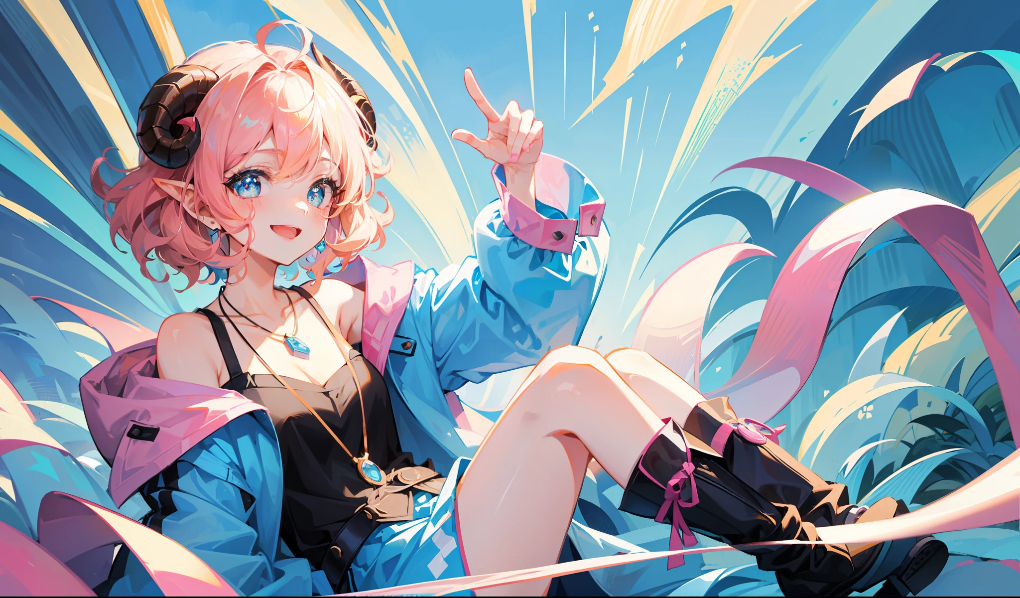 sheep girl, curly and messy hair, (short hair), (cyan hair), (rectangular pupils), blue sheep eyes, black goat horns, wearing a blue overol, with a necklace, with a pink coat on her shoulders, black boots, happy, cheerful, smiling, playful, cute, beautiful, dynamic pose, (1girl), female, solo, splashart, detailed face