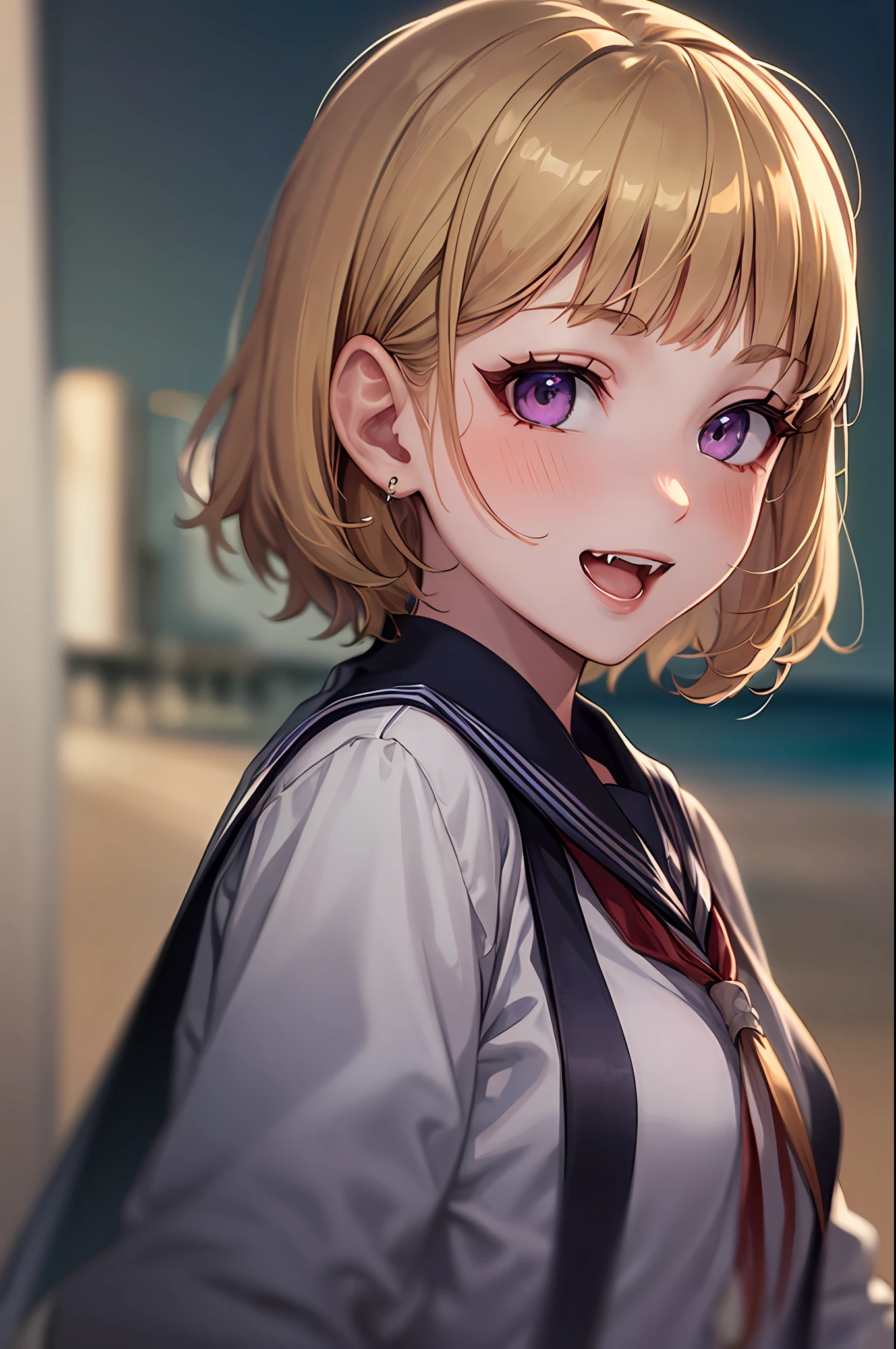 Original Character, Volumetric Lighting, Best Shadows, Shallow Depth of Field, Portrait Of Stunningly Beautiful Girl, Petite, Delicate Beautiful Attractive Face With Alluring Purple Eyes, Broadly Smiling, Open Mouth, Fangs Out, super very short Blond Hair, very short blunt bangs, Blush Eye shadow, Thick Eyelashes, sailor uniform, summer, beach, Standing, full body shot, (Highest Quality, master piece, Amazing Details:1.25), (Solo:1.3), Brilliant Colorful Paintings