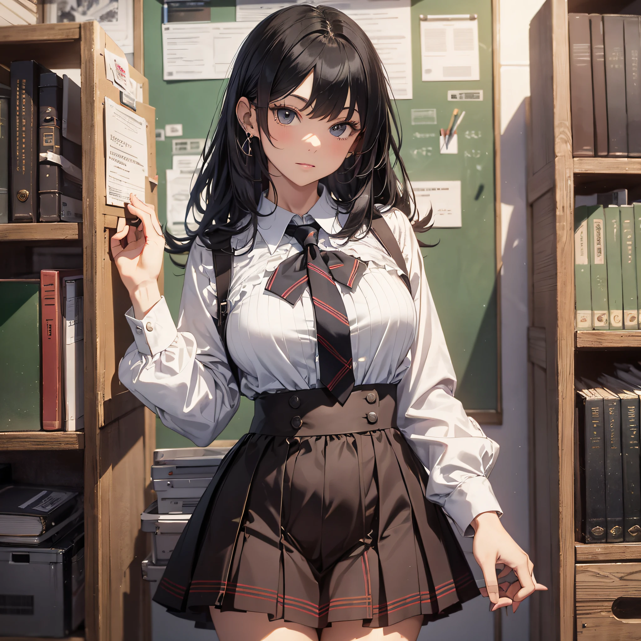 Absurd resolution, high resolution, (masterpiece: 1.4), hyper-detailed, school dress up as a black-haired young woman, standing in the teacher's office, looking at the camera