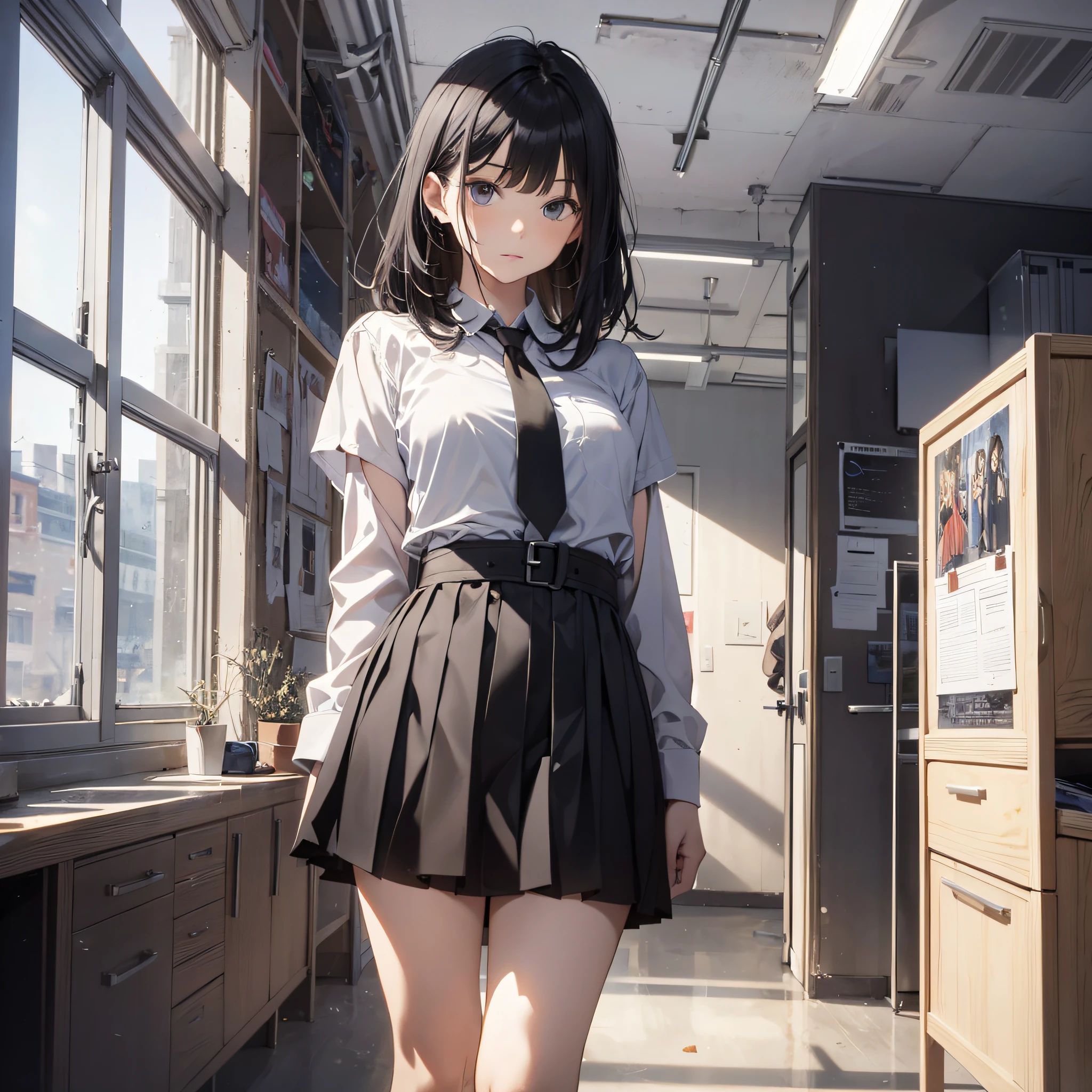 Absurd resolution, high resolution, (masterpiece: 1.4), hyper-detailed, school dress up as a black-haired young woman, standing in office wide, looking at the camera