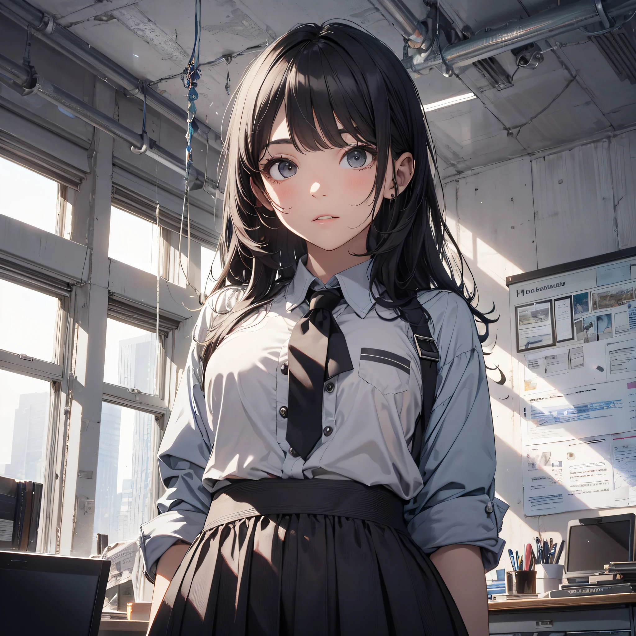 Absurd resolution, high resolution, (masterpiece: 1.4), hyper-detailed, school dress up as a black-haired young woman, standing in office wide, looking at the camera