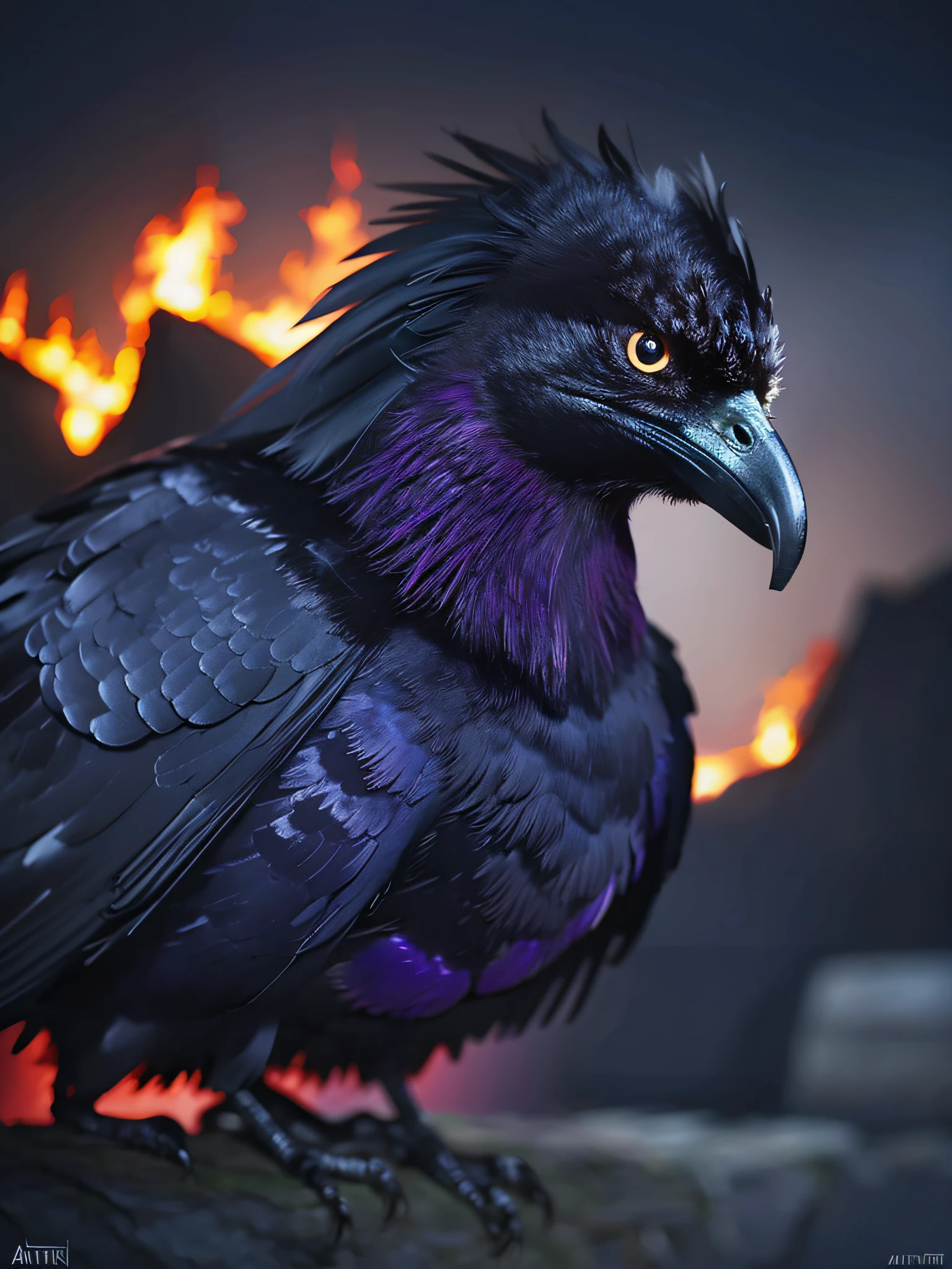 Closeup of one single ((Sinister Raven)) in Digital Art, Dark and Mysterious, fire and exolosions in the background, trending on artstation, dramatic lighting