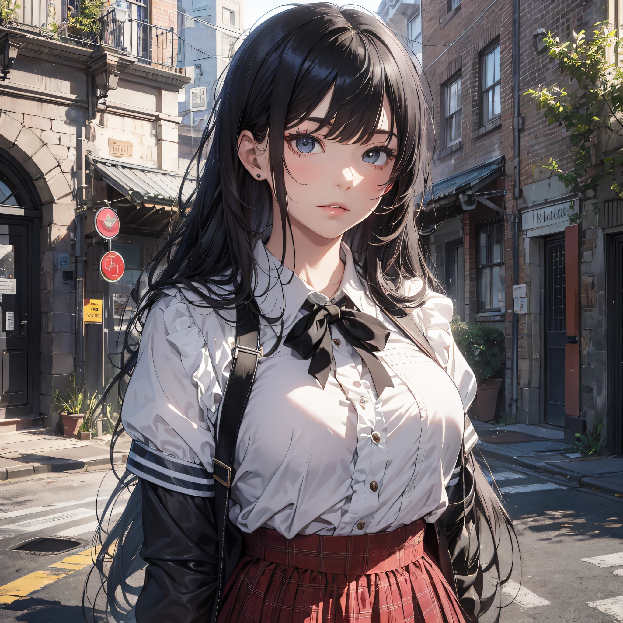 Absurd resolution, high resolution, (masterpiece: 1.4), hyper-detailed, school dress up as a black-haired young woman, at school, looking at the camera