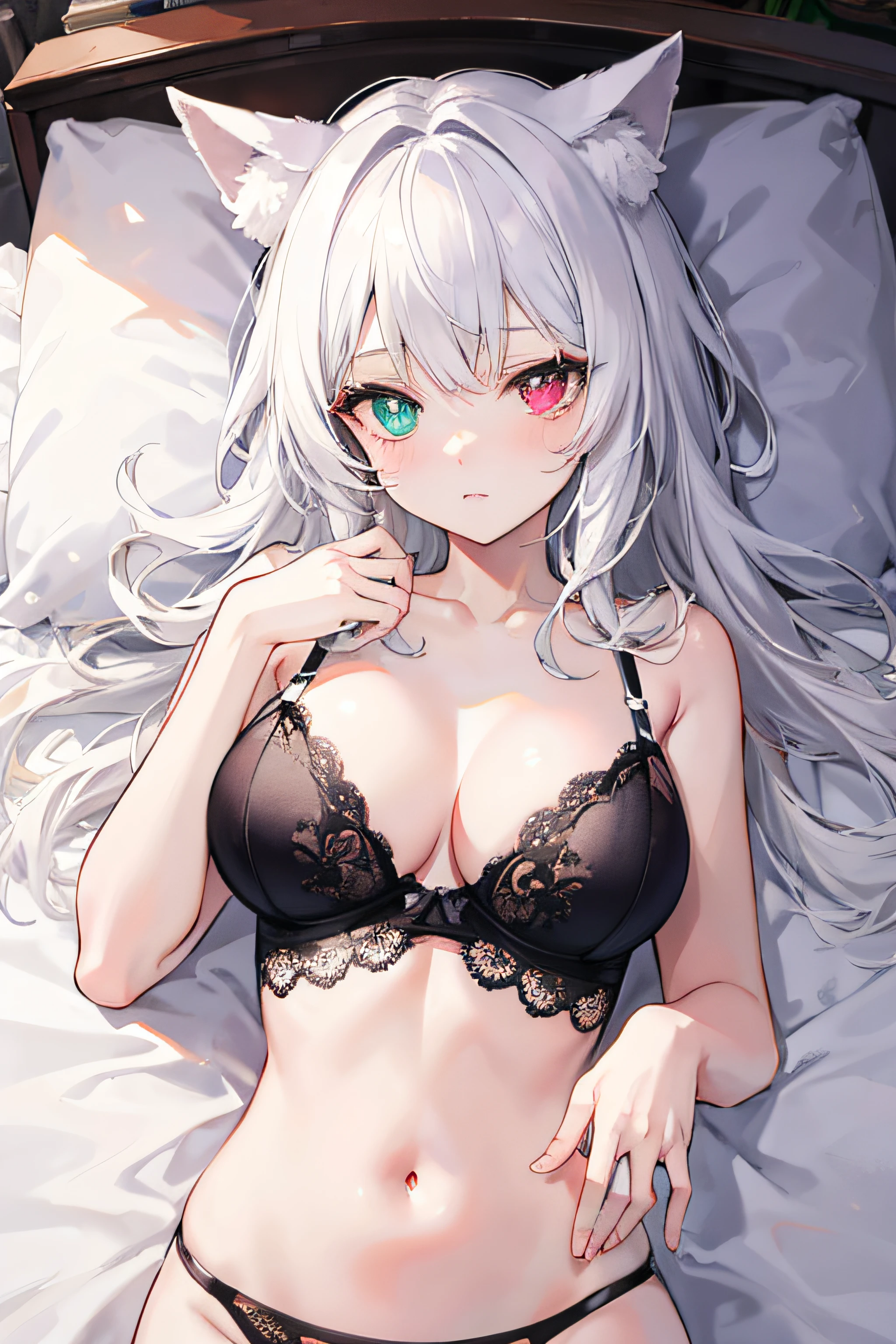 Lori, white hair, bed, cute, heterochromic pupils, cat ears, lying down, flirting eyes, erotic lingerie