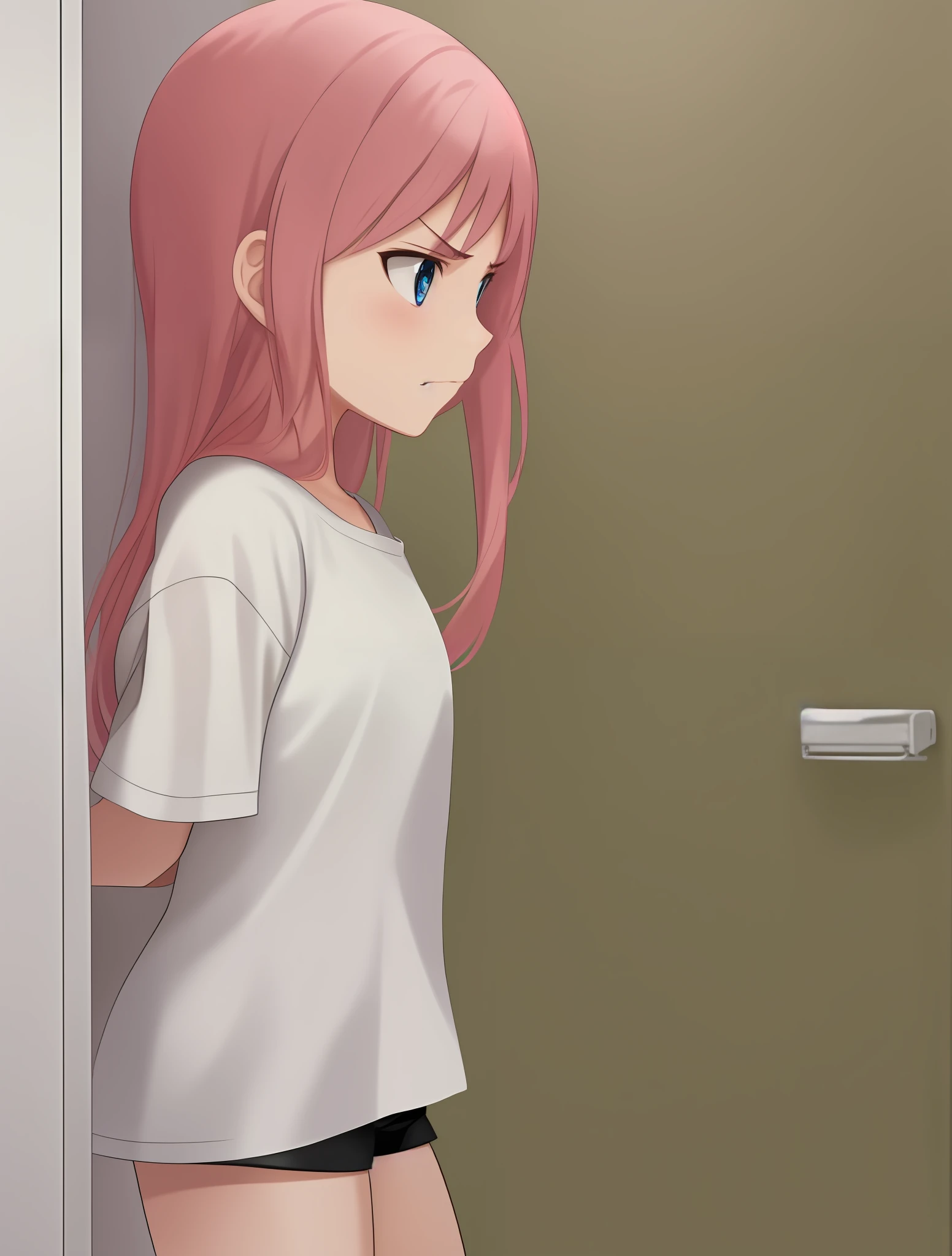 A cute little girl, facing the bathroom door, she seems to be angry, she has pink hair, blue eyes, wears a long white T-shirt and short black shorts, she is seen sideways in the picture, anime moe artstyle