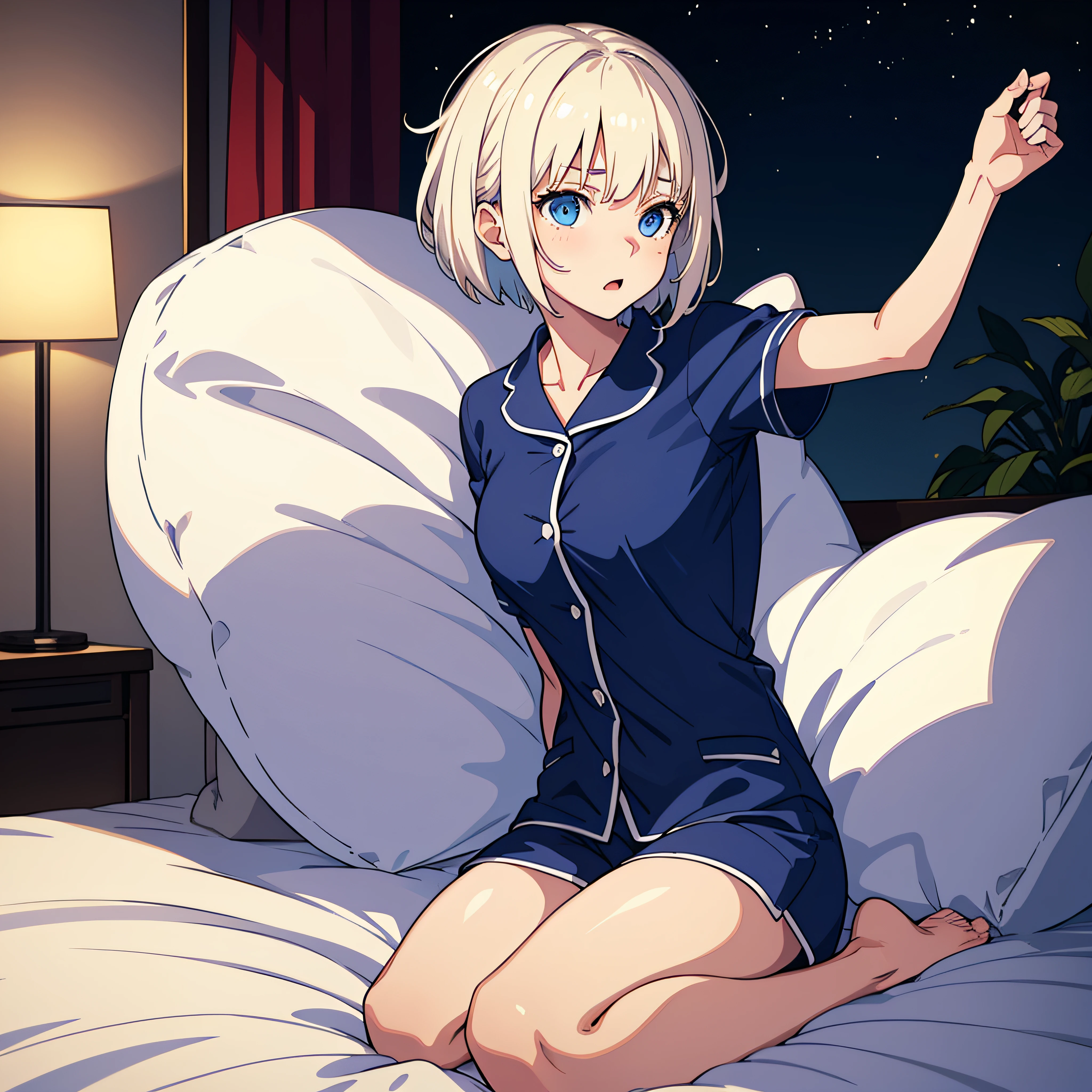 lone girl, masterpiece, best quality, 1girl, platinum blonde hair, short hair, blue eyes, perky breasts,night, pajamas, startled face, figure on bed, oversleeping, waking up