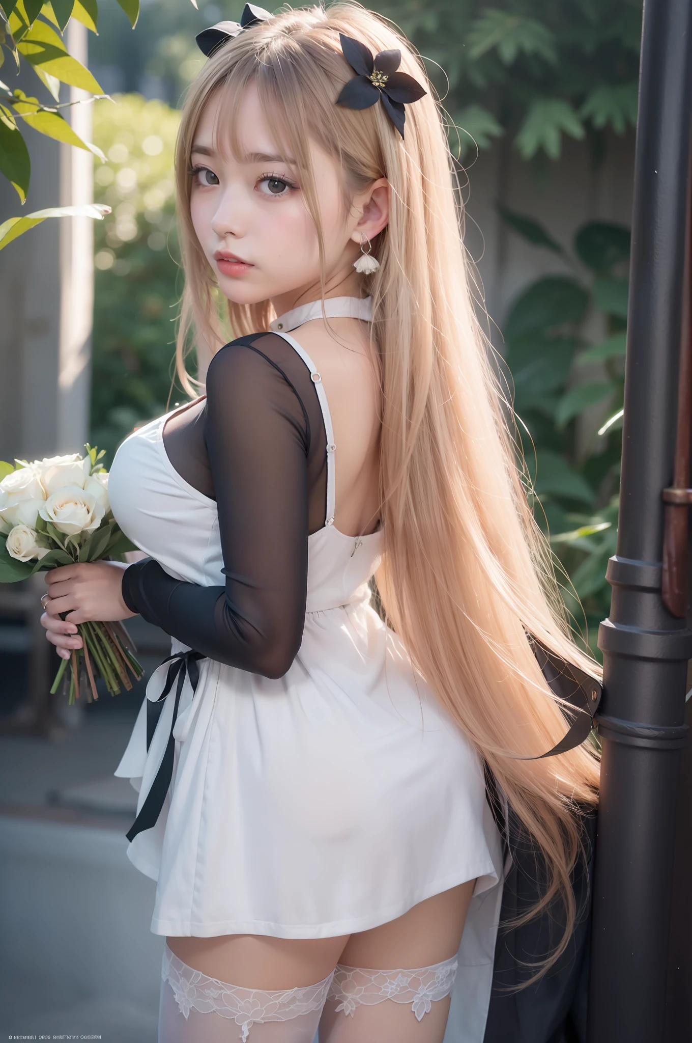 Holding a bouquet of white flower