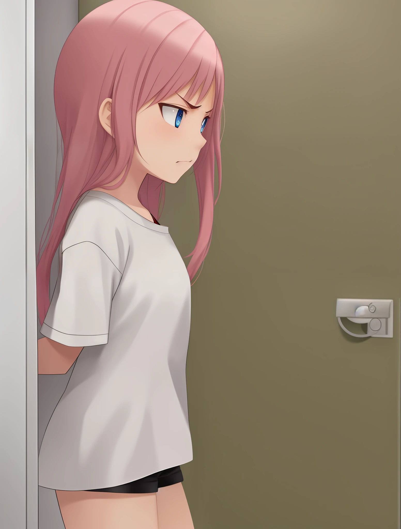 A cute , facing the bathroom door, she seems to be angry, she has pink hair, blue eyes, wears a long white T-shirt and short black shorts, she is seen sideways in the picture, anime moe artstyle