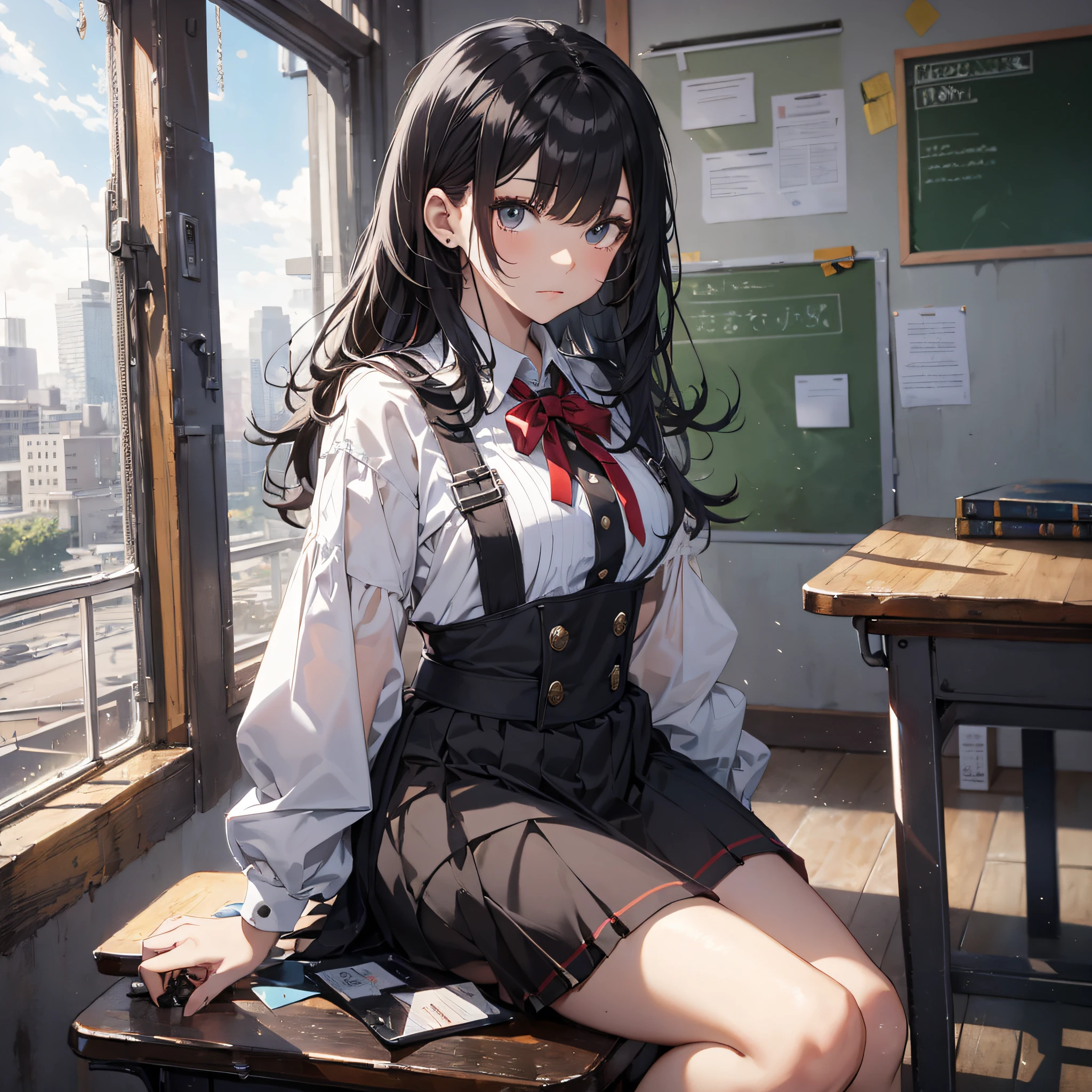 Absurd resolution, high resolution, (masterpiece: 1.4), hyper-detailed, school dress up as a black-haired young woman, at school, looking at the camera