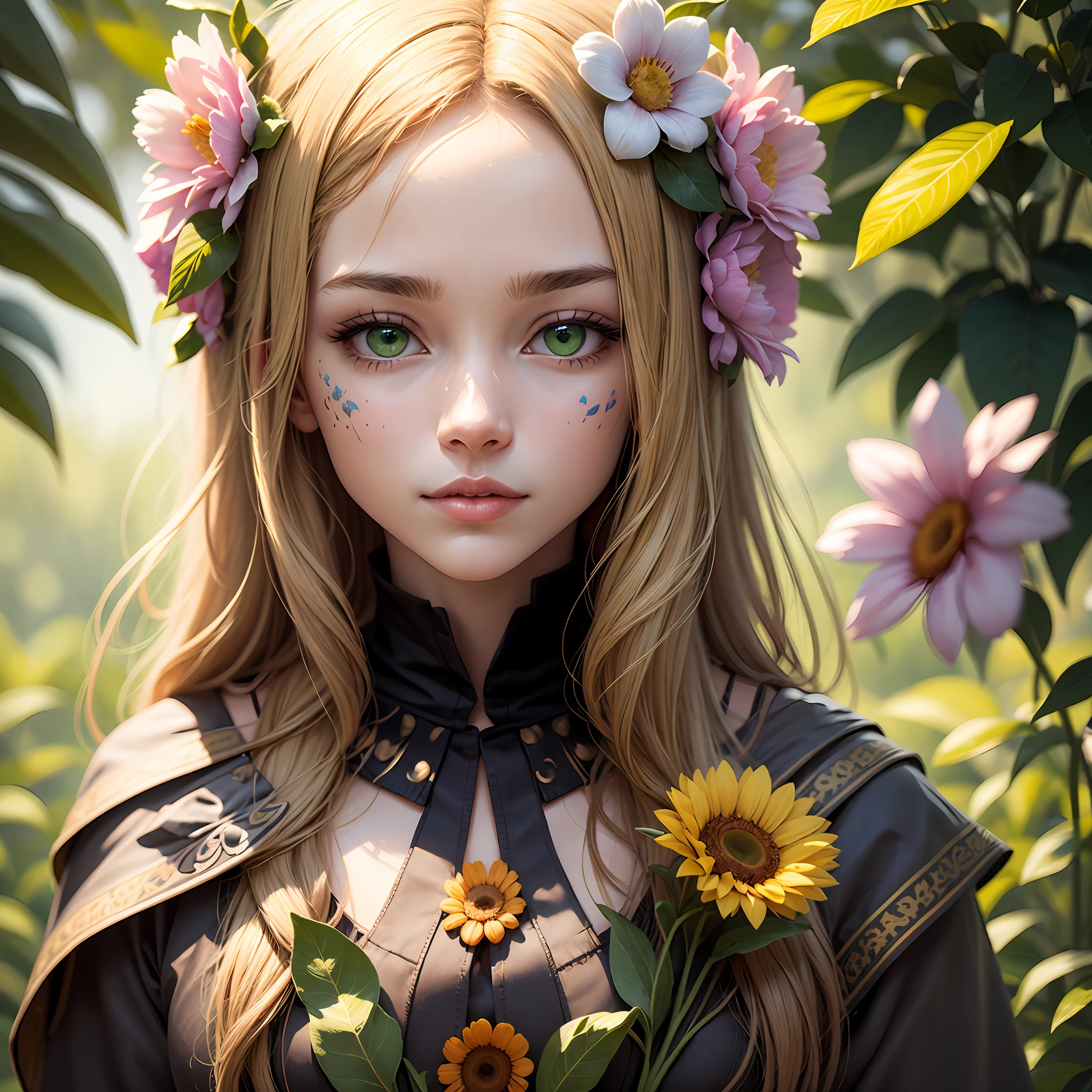 Woman hair soon blonde, green eyes, with flowers on her face, whole body covered with flowers, harmonic image of nature --auto