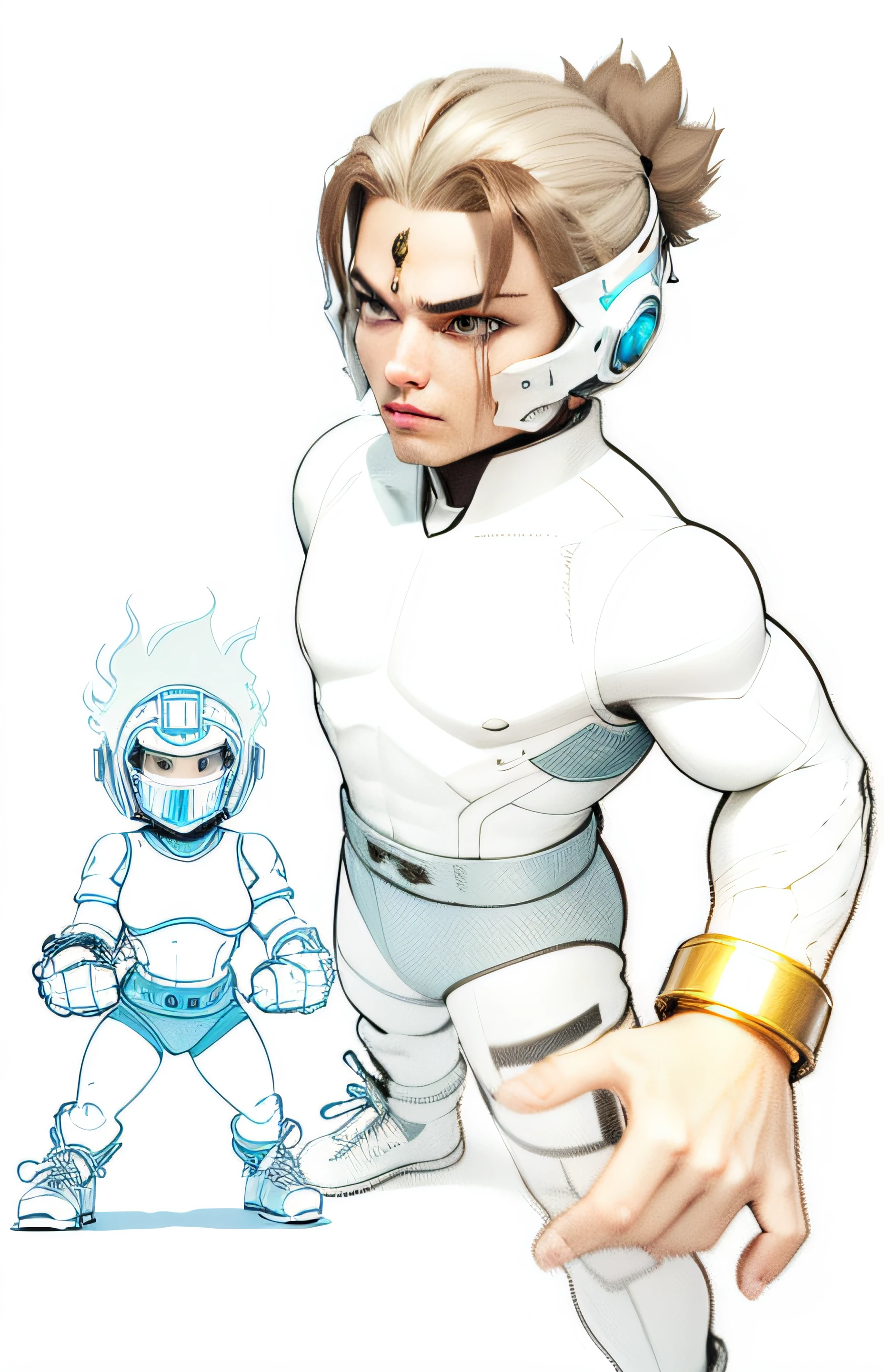 Hero, futuristic blue outfit, detailed armor type [[luca with three fingers]]short brown hair, bracelets, blue and white sneakers, very strong, 3d image, full hd, 4k, ultra realistic, warrior, beautiful blonde, fitness body. --auto