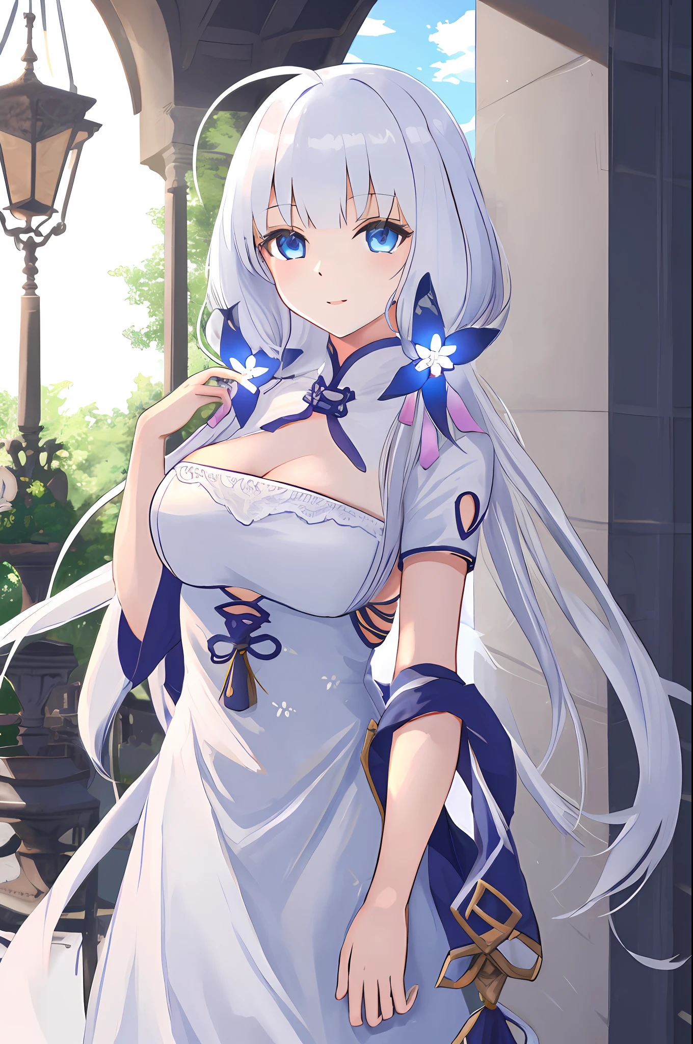 masterpiece, best quality, rays, column, tru illustrious (maiden lily's radiance) (azur lane), white hair, very long hair, blue eyes, hair ornaments, breasts