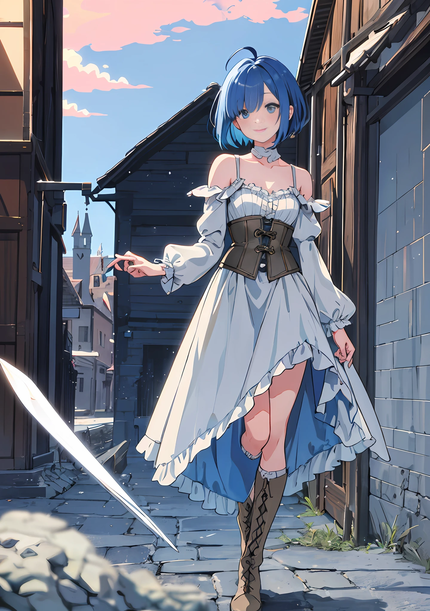 ((Masterpiece), (Best Quality)) (super detailed), (disheveled hair), photography, masterpiece, best quality, wallpaper, 1girl, 1 girl, solo, full-body, standing, fair-skinned, crystal clear clear skin, soft skin, short cut, ashime bob, sky blue hair, hair over one eye, long side hair, discreet ahoge, sky blue eyes, delicate light eyes, pretty girl, very pretty face, baby face, small face, 5 feet (152 cm) Small stature, drooping eyes, pink lips, delicate and slender, small breasts, small A-cup breasts, five fingers, smiling, looking at the viewer, looking at the camera, blush, embarrassed, shoulder-out, white knee-length dress, corset, dark blue poncho, detailed fabric texture, braided boots, dagger suspended at the waist, anime, game, medieval Europe, half-timbered building, Western-style building, cobblestone, blue sky, dynamic clouds, ( Twilight, (Dramatic Lighting)), (Soft Focus) (Vivid Colors), (Mysterious Atmosphere), Colorful, Global Illumination, Very Delicate and Beautiful, Best Shadows, Shallow Depth of Field, Vivid Colorful Paintings, Dramatic Shadows, Dramatic Lighting, Cinematic Composition, Sharp Focus, (8K), (4K), Highly Detailed, Complex, Highly Detailed