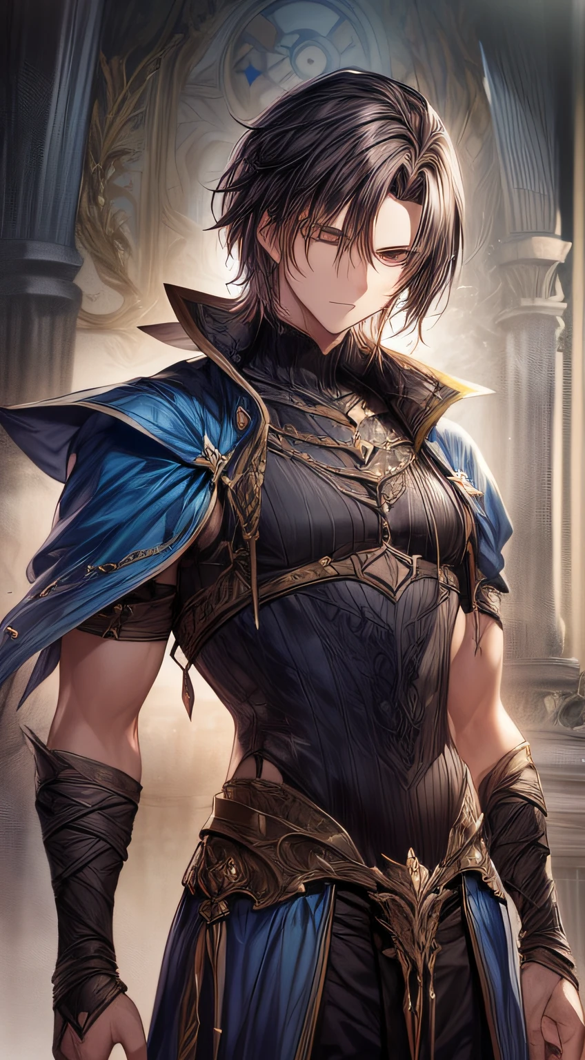 "An (agile:1.2) male  with a (wiry build:0.9) dons (lightweight:1.1) clothes, his (tousled:1.1) (shoulder-length:0.9) (wavy_dark_hair) falling gracefully around him. With (fair skin:1.1) that emanates a (dark fantasy vibe:1.3), he belongs to a world of (dark:1.1) magic and intrigue."
