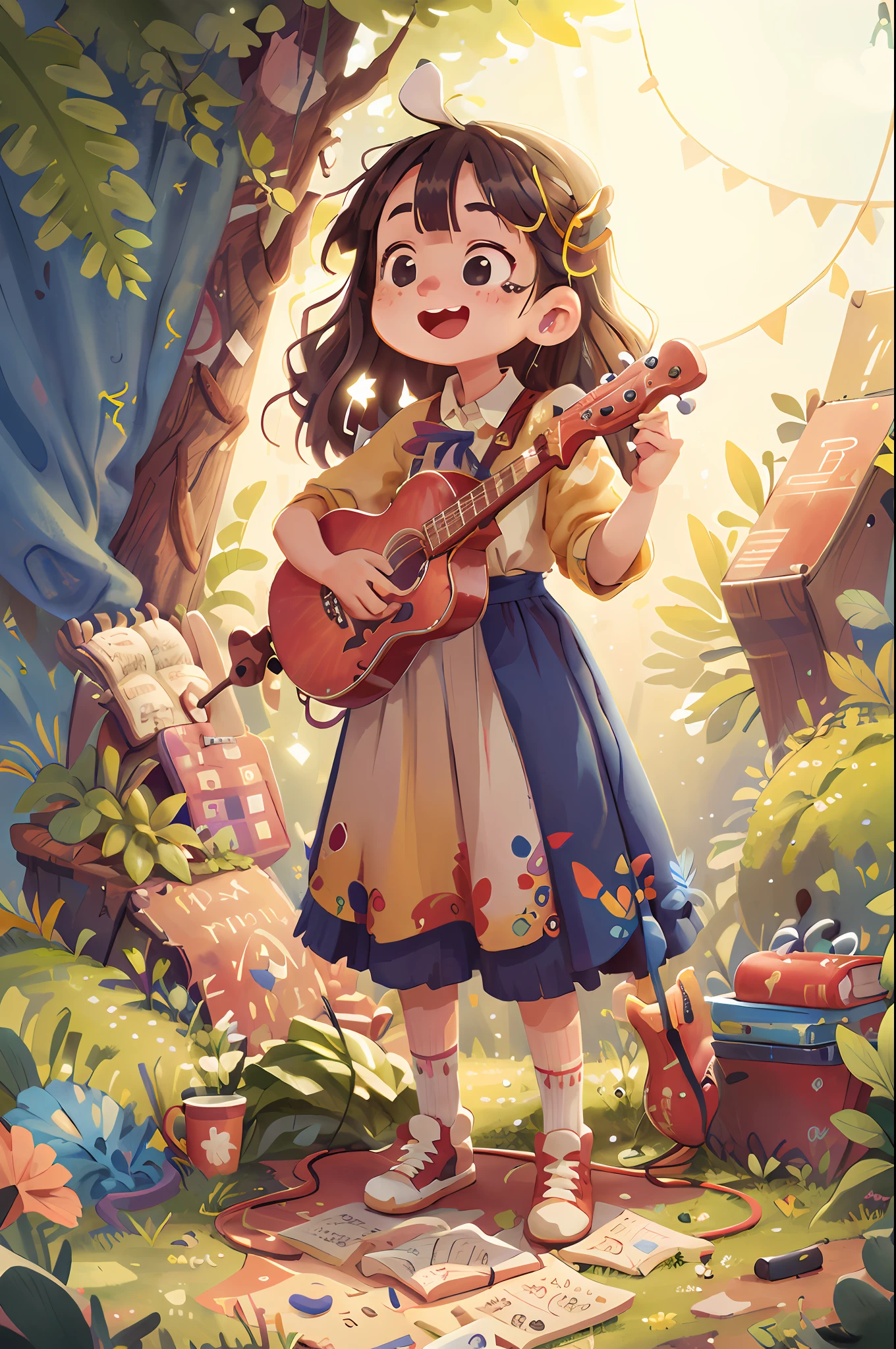 Masterpiece, HD, High Detail, Ultra Detail, Ultra High Resolution, Solo, A Girl with Long Hair, Playing Ukule, Musical Notes, Colorful, Joyful Atmosphere, Rainbow, Fantasy Space, Music World