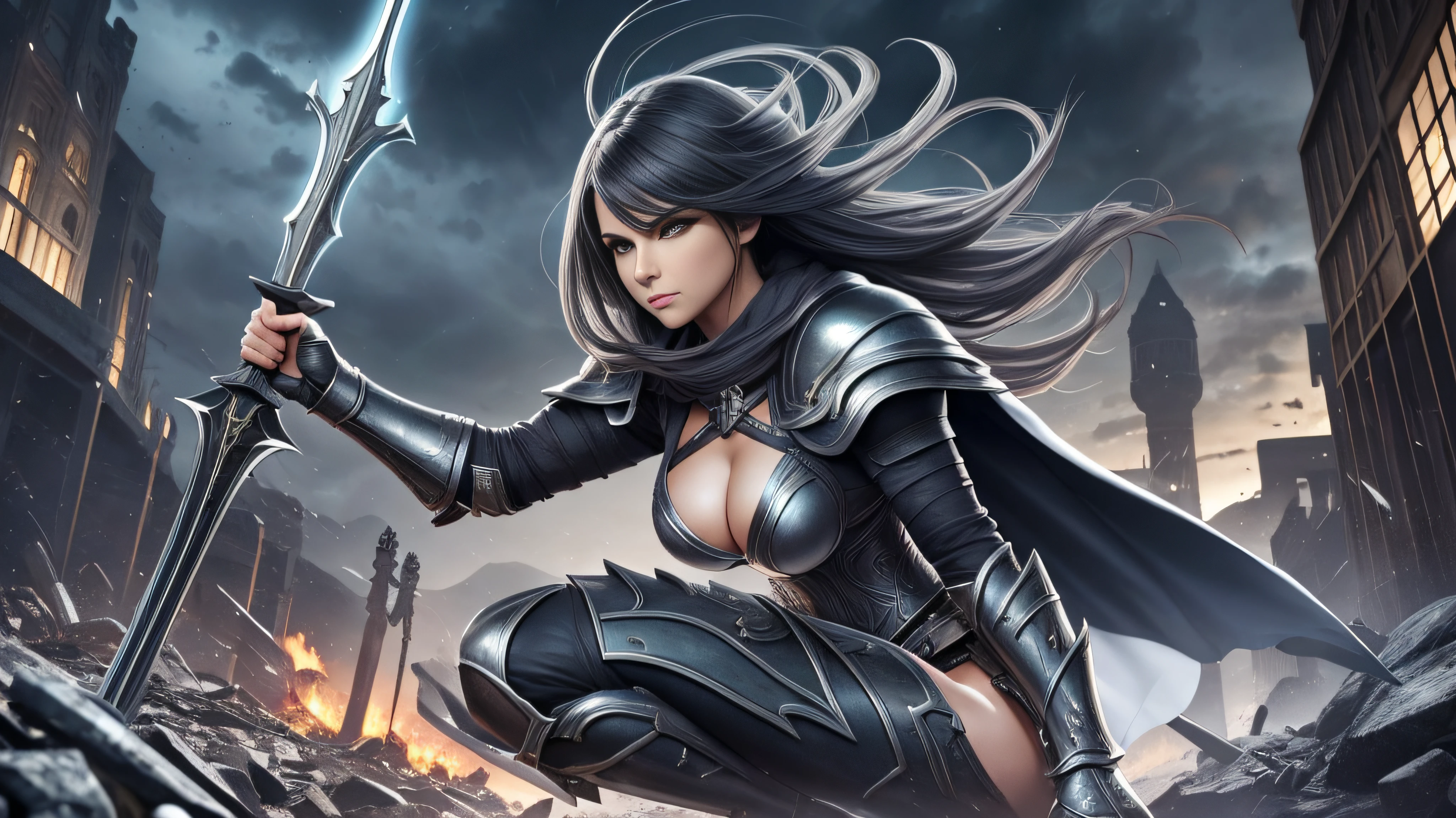 (extremely detailed 12k neon dark city wallpaper, masterpiece, best quality, extremely detailed). Full body painting of girl in frame, dynamic professional pose, a young girl, perfect face surgery, gorgeous and pretty with light green hair blowing in the wind, current armor beautiful, intricately detailed black ultimate, a work of art (a smile, beautiful eyes, impressive at first glance, excellent quality, detail), impressive shadows , gloomy atmosphere. Extremely detailed Japanese katana sword in right hand, true to standard, masterpiece, best quality --auto