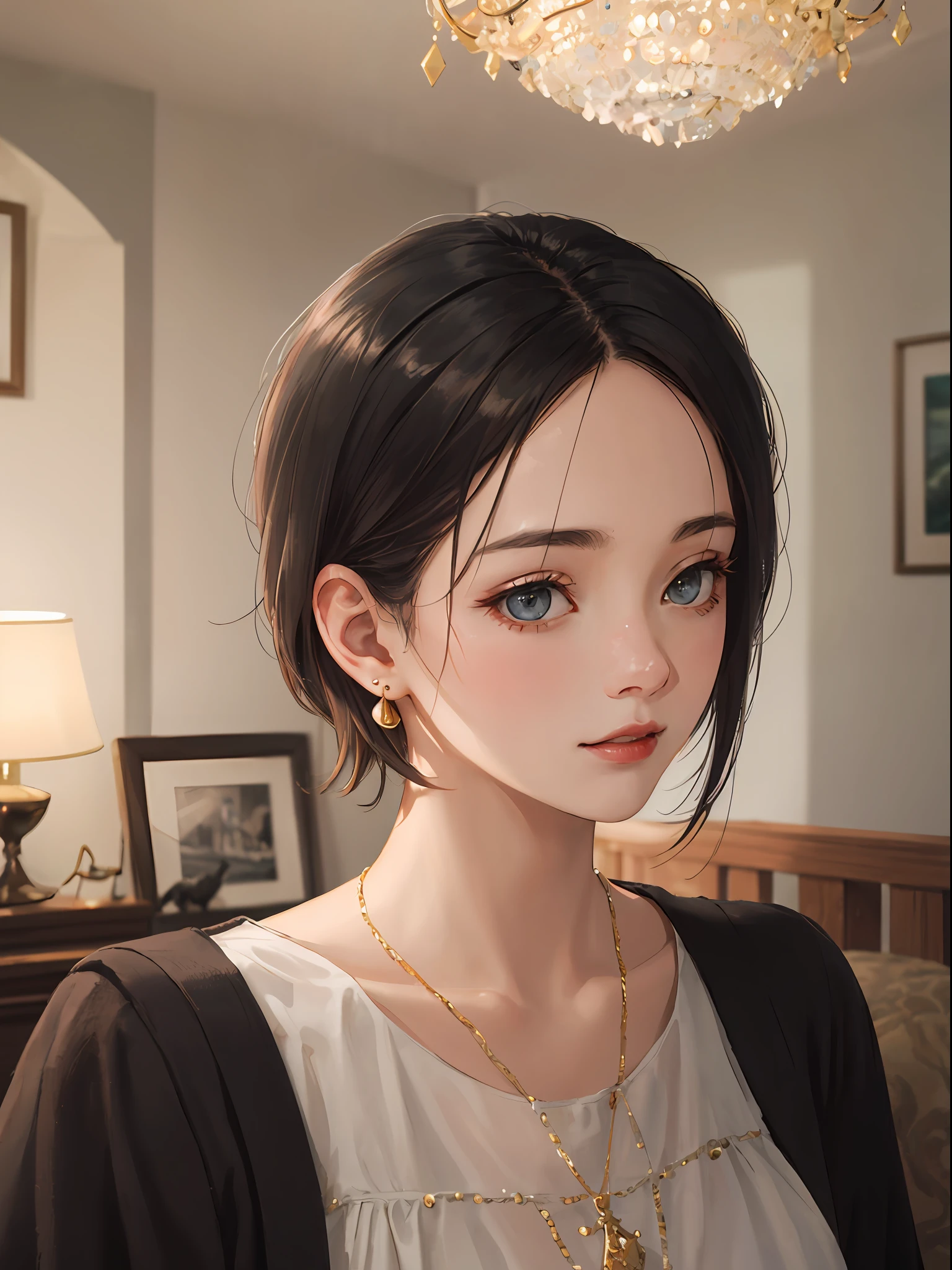 Realistic, Top Quality, 8K UHD, DSLR, Soft Lighting, High Quality, Film Grain, Fujifilm XT3, Intricate Details, Depth of Field, Girl 20 years old, (Cinematic lighting), (Black hair, Short hair), Earrings, Flash, (Short hair), Nice hairstyle, Very short, Nice style, Luxury room, Luxurious interior,