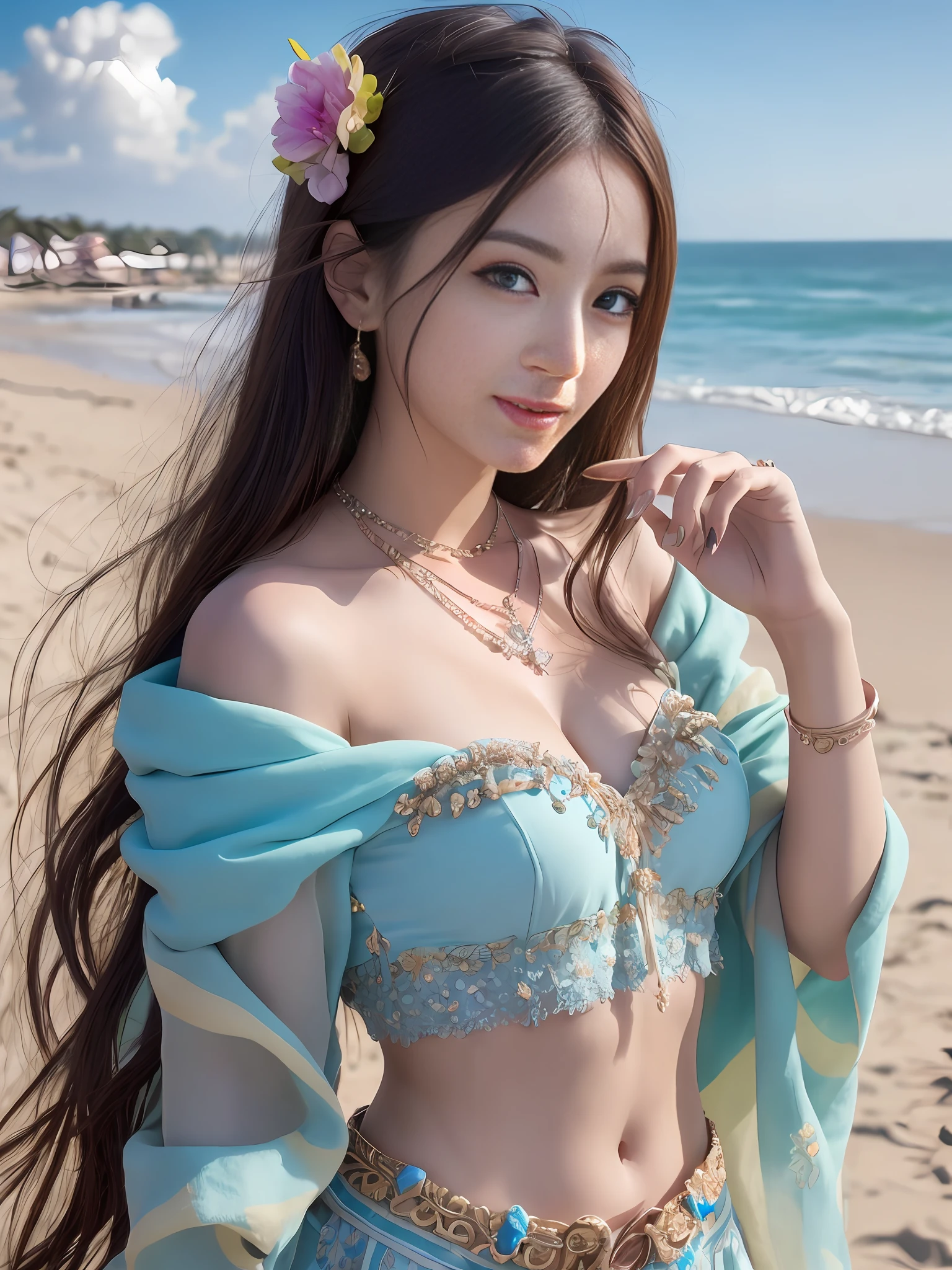 (best quality:1.1) ,(photorealistic:1.1), (photography:1.1), (highly detailed:1.1), looking at viewer,armlet, Jade bracelet, eyelashes, happy, medium breasts,beautiful detailed girl, (extremely detailed eyes and face), (lighting on face),necklace,Colorful clothes, [chinese clothes],[off shoulder], (solo:1.2), sandbeach,sand,Standing by the seaside, summer, (beautiful detailed sky),seethru,