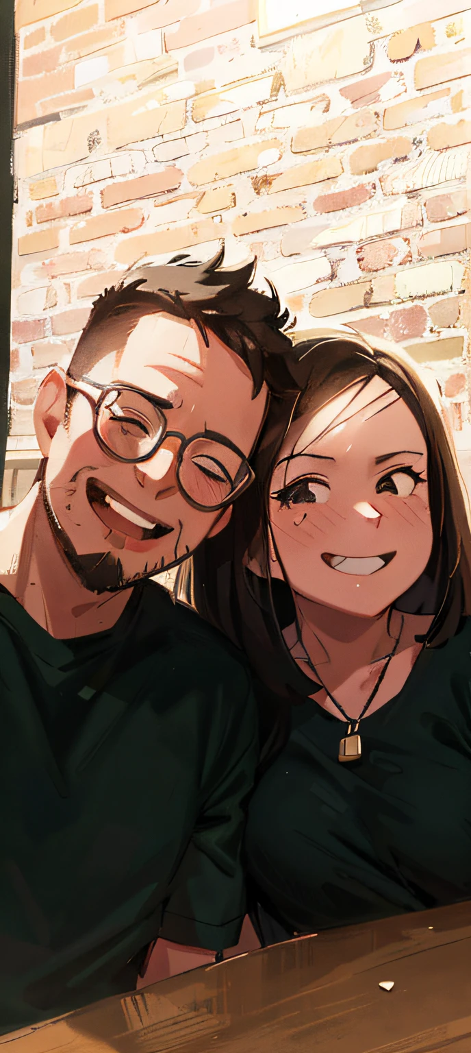 smiling couple sitting at a table with a brick wall behind them, by Nándor Katona, happy couple, andrea rocha, thomas danthony and malika favre, artgerma and greg rutkowski, couple portrait, by Amelia Peláez, smiling couple, profile image, in sao paulo, with nerdy! glasses! and goatee and eyes open