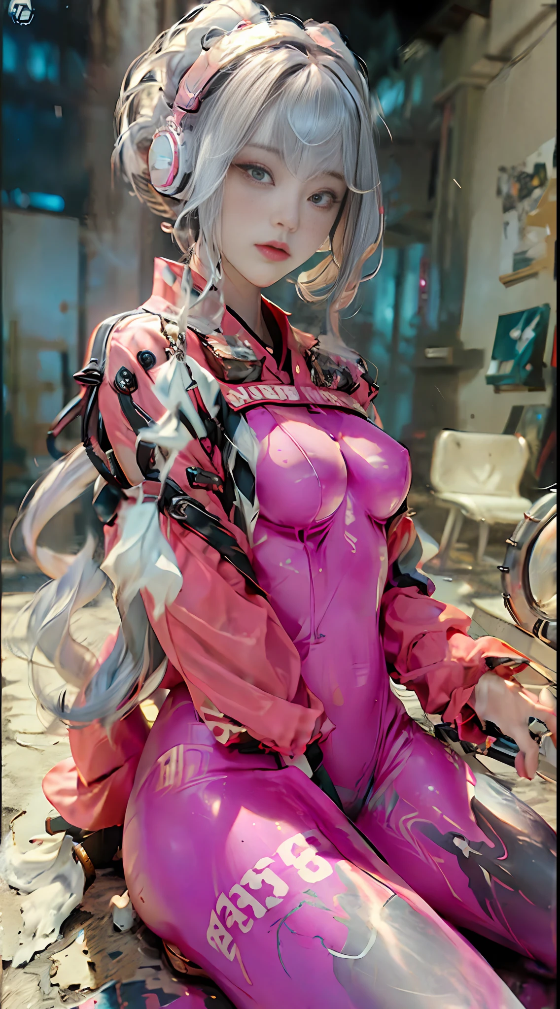 (Best Quality), ((Masterpiece)), (detail: 1.4), 3D, Beautiful Cyberpunk Female Image, ((Seated)), HDR (High Dynamic Range), Ray Tracing, NVIDIA RTX, Super Resolution, Unreal 5, Subsurface Scattering, PBR Texture, Post Processing, Anisotropic Filtering, Depth of Field, Maximum Sharpness and Sharpness, Multi-layer Textures, Albedo and Highlight Maps, Surface Shading, Accurate Simulation of Light-Material Interactions, Perfect Proportions, Octane Rendering, Two-tone illumination, wide aperture, low ISO, white balance, rule of thirds, 8K RAW, bangs, small breasts, cover, gloves, headphones, room, long hair, small breasts, white-blue hair, shrugged\(clothes\), skin tight, solo, double tail, alice \ (Japanese mail)