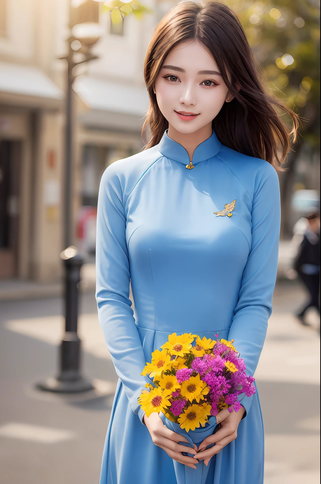 a beautiful girl in vintage colors aodai , masterpiece, best quality, realistic:1.3, street, holding bundle of flowers, sunlight, backlighting