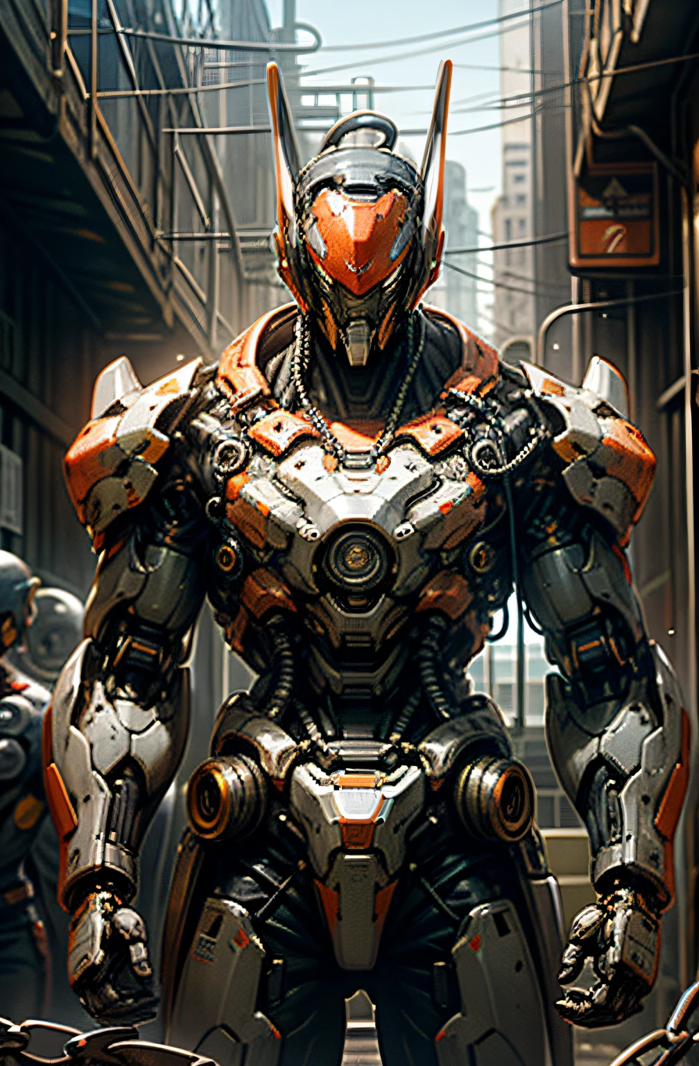 Dark_Fantasy,Cyberpunk,(chain saw,chain saw man,Red:1.1),1man,Mechanical marvel,Robotic presence,Cybernetic guardian, wearing a worn-out mech suit, intricate, (steel metal [rusty]), elegant, clear focus, shot by greg rutkowski, soft lighting, vibrant colors, masterpiece, ((street)), cowboy shot, dynamic pose,