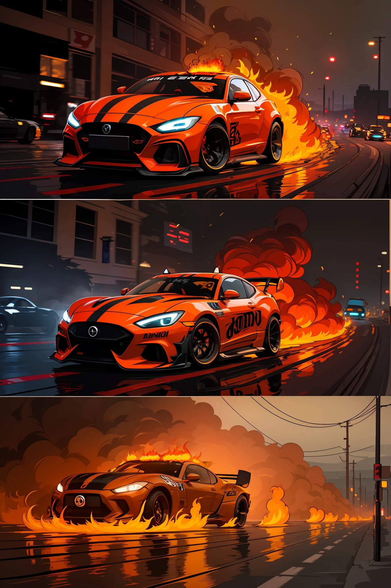 "spectacular ghost ride racing cars in a fiery spectacle, featuring menacing skeleton cars, engulfed in flames, racing through a vibrant street paved with molten lava."