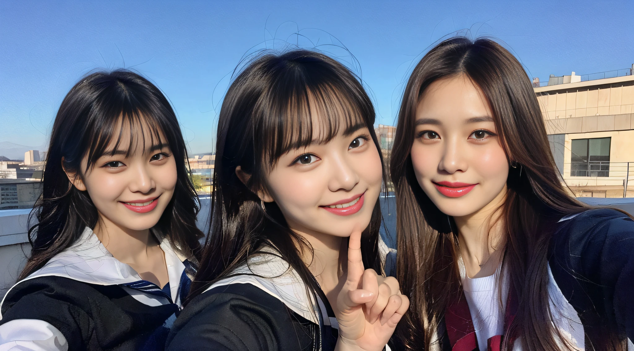 (8k, RAW photos, top quality, masterpiece: 1.2), ultra detail, super resolution, (realistic, actual photos: 1.37), (photorealistic: 1.6), eating lunch on the roof of the school. , Fantastic scenery, cute lunch box, Gakko rooftop, lunch break, fashionable school, futuristic city, school of the future, future world, fantastic world, new world, high resolution RAW color photo, professional photo, very detailed and beautiful, (pointing at the camera), real light (with both hands wide open and palm facing us), smile so much that you can see your teeth, beautiful scenery mixed with light, Very detailed sailor suit, amazingly cute female proofreading, amazing cute smile, transcendent cute face, amazing details, red scarf, very detailed beautiful girls, different pattern face, one is a ponytail, modern cute schoolgirl, very detailed face very detailed eyes, very realistic skin, very detailed fingers, very detailed nose, very detailed mouth, perfect anatomy, Highly detailed sailor suit, highly detailed background,after school,。 full of smiles, long straight hair, (dull bangs: 1.2), Celebrity level cuteness, high school girl youth (pink eye shadow)