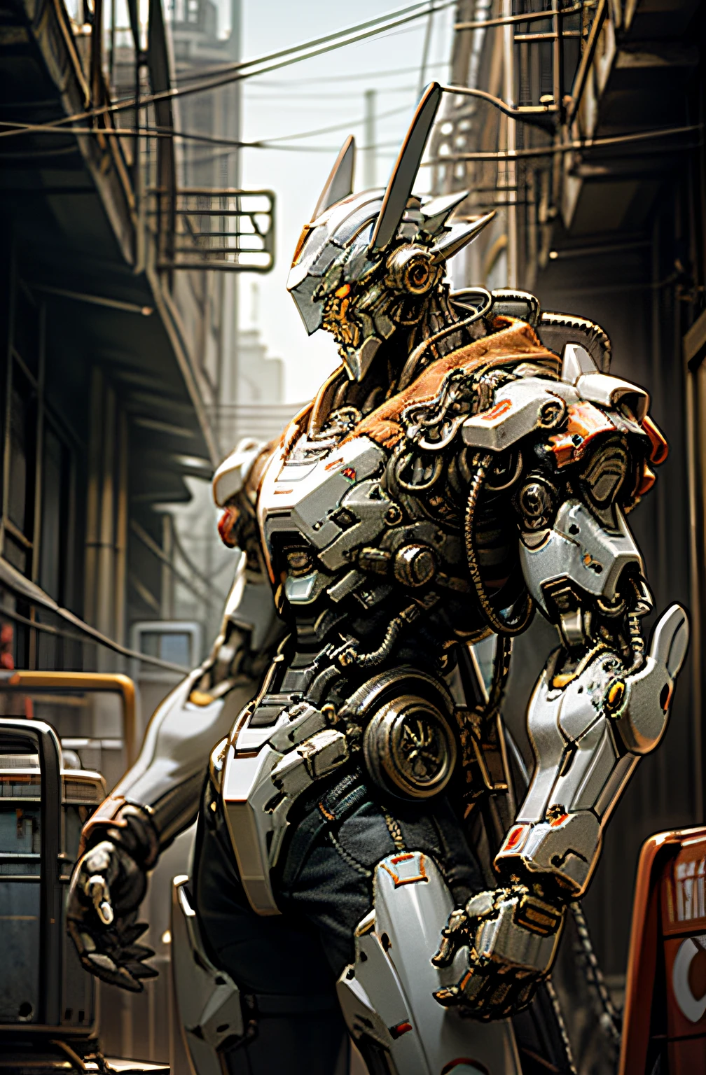 Dark_Fantasy,Cyberpunk,(chain saw,chain saw man,Red:1.1),1man,Mechanical marvel,Robotic presence,Cybernetic guardian, wearing a worn-out mech suit, intricate, (steel metal [rusty]), elegant, clear focus, shot by greg rutkowski, soft lighting, vibrant colors, masterpiece, ((street)), cowboy shot, dynamic pose,