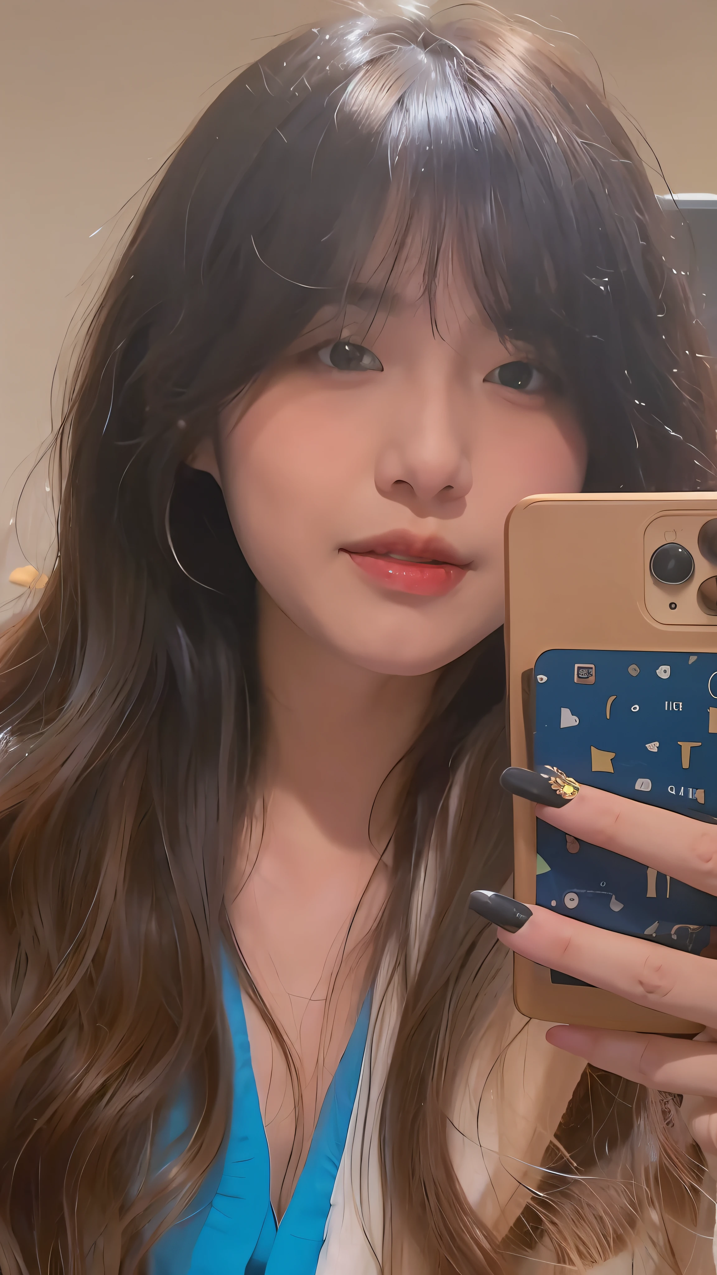 araffe woman taking a selfie in a mirror with a cell phone, bae suzy, ulzzang, jinyoung shin, lalisa manobal, with bangs, she has black hair with bangs, janice sung, jaeyeon nam, curtain bangs, selfie of a young woman, brown hair and bangs, long hair with bangs, fluffy bangs, profile pic