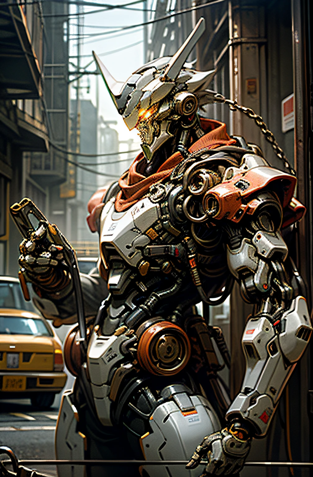 Dark_Fantasy,Cyberpunk,(chain saw,chain saw man,Red:1.1),1man,Mechanical marvel,Robotic presence,Cybernetic guardian, wearing a worn-out mech suit, intricate, (steel metal [rusty]), elegant, clear focus, shot by greg rutkowski, soft lighting, vibrant colors, masterpiece, ((street)), cowboy shot, dynamic pose,