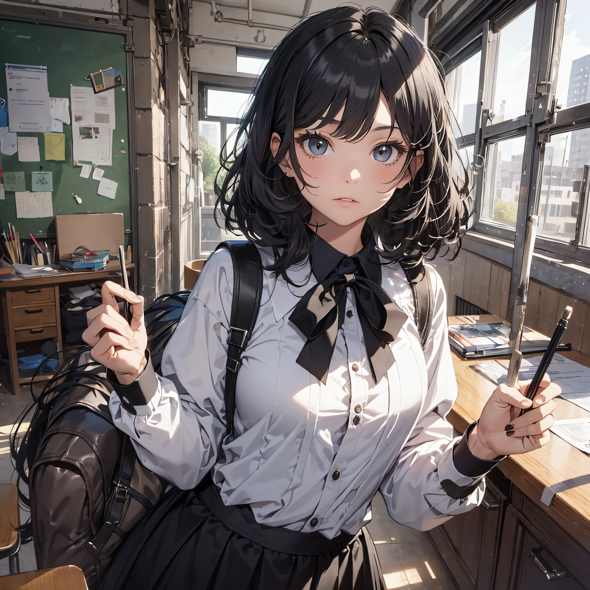 Absurd resolution, high resolution, (masterpiece: 1.4), hyper-detailed, school dress up as a black-haired young woman, at school, looking at the camera