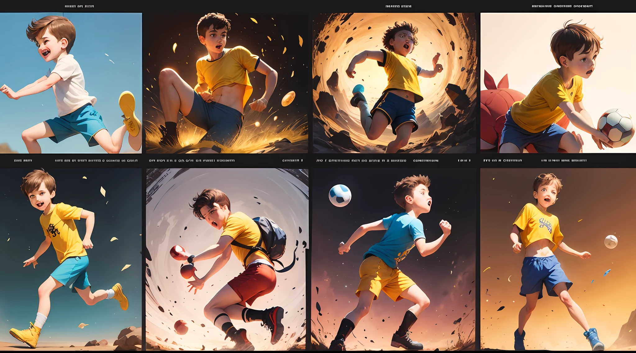 15 images of the same personagen being him male various poses and expressions on white background,children's book illustration style,simple,photo,6 years,colors,brown hair,straight short,yellow shirt number 10,blue shorts number 10,yellow boot,white midriff,kicking the ball --auto --s2