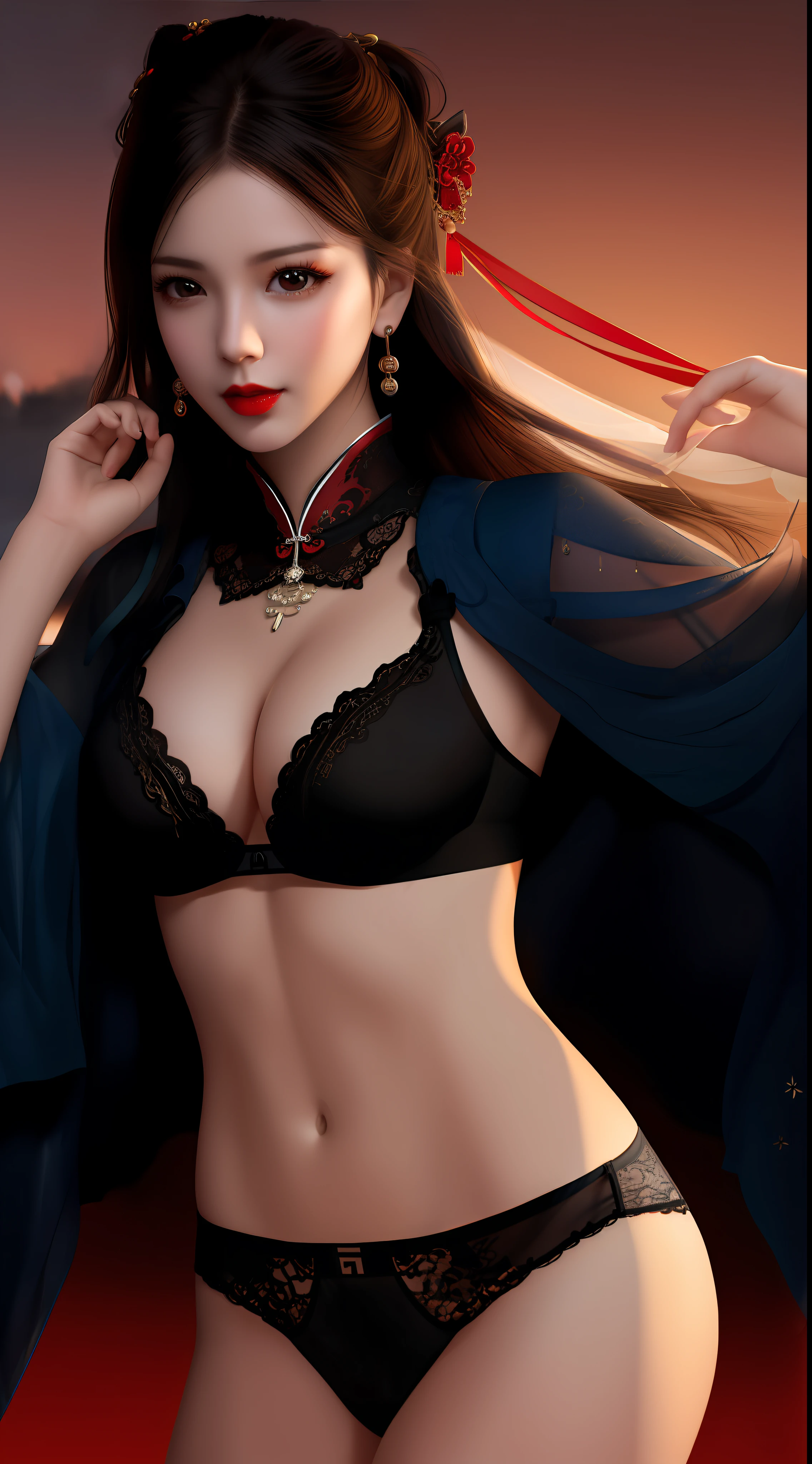Realistic, 1 girl, see-through chinese armor soft red black, very large breasts, black hair, red lips, detailed eyes , dark backgrou,,Low light, Chinese underwear, best face, Low light landscape, sexy style, royal, Penetration , chinese underwear,bust, Dark background, Detailed face, taken from the belly up,Penetration material