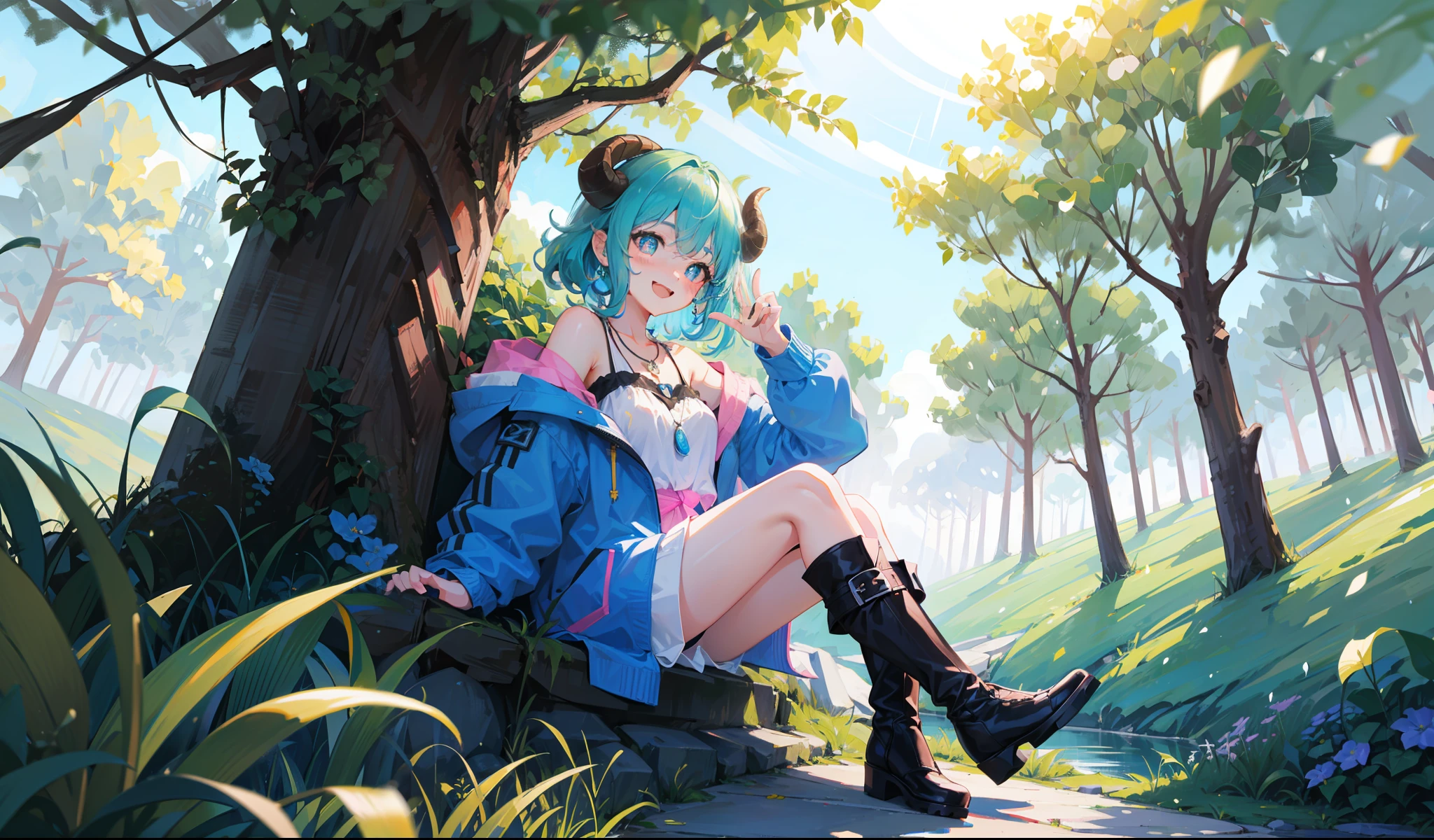 sheep girl, curly and messy hair, (short hair), (cyan hair), (rectangular pupils), blue sheep eyes, black goat horns, wearing a blue overol, with a necklace, with a pink coat on her shoulders, black boots, happy, cheerful, smiling, playful, cute, beautiful, dynamic pose, (1girl), female, solo, splashart, detailed face, (sitting on the forest)