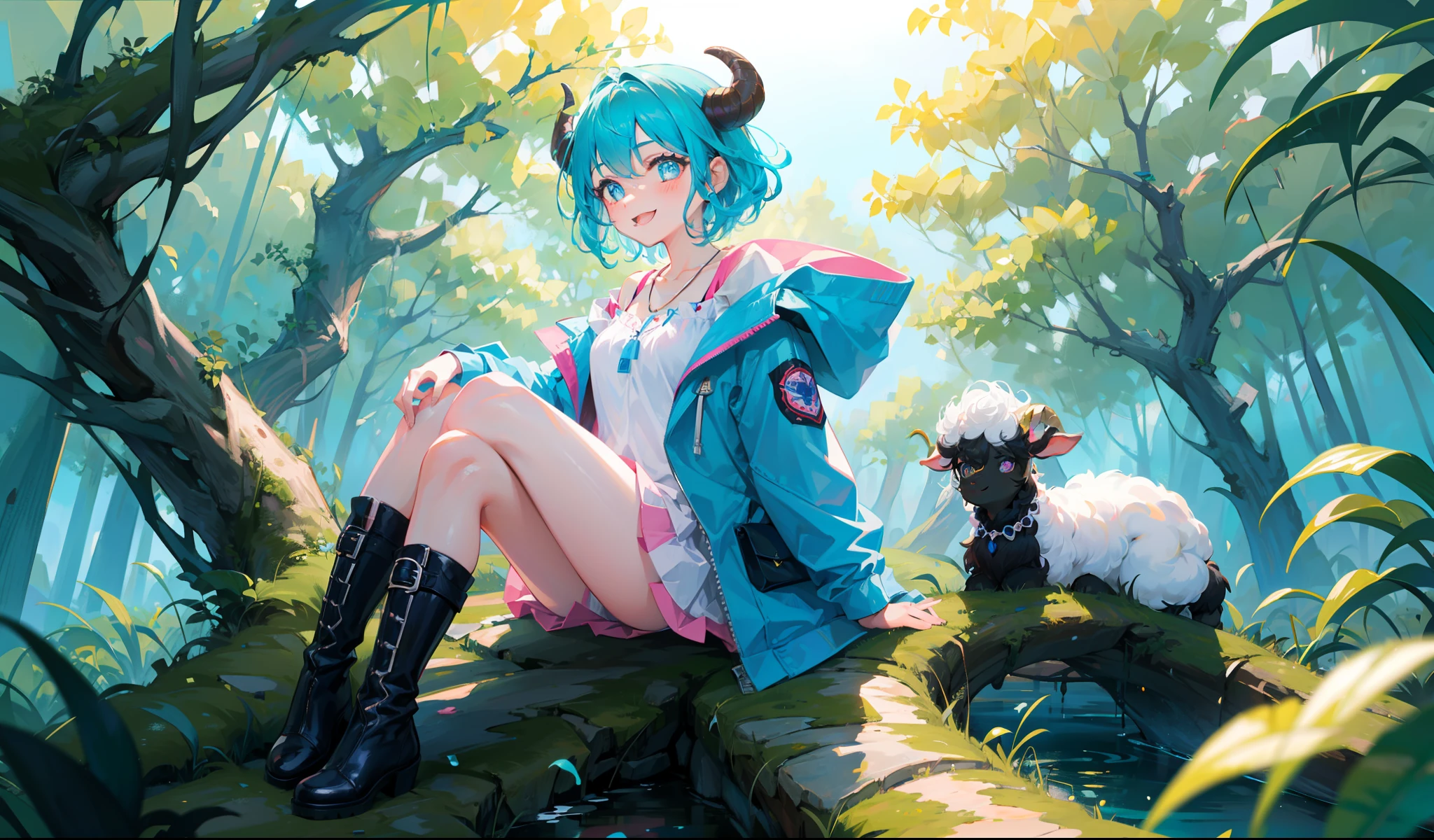 sheep girl, curly and messy hair, (short hair), (cyan hair), (rectangular pupils), blue sheep eyes, black goat horns, wearing a blue overol, with a necklace, with a pink coat on her shoulders, black boots, happy, cheerful, smiling, playful, cute, beautiful, dynamic pose, (1girl), female, solo, splashart, detailed face, (sitting on the forest)