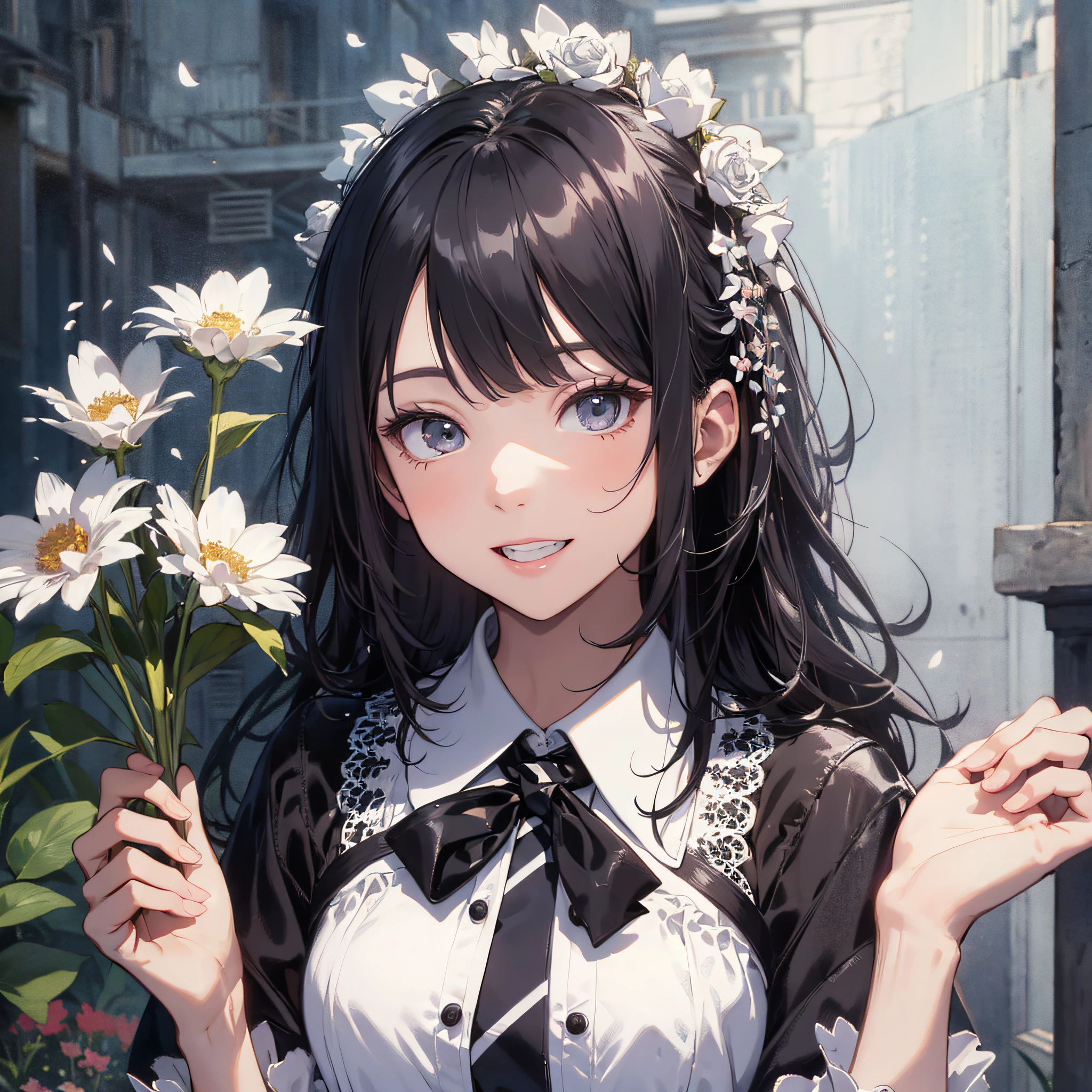 Absurd resolution, high resolution, (masterpiece: 1.4), hyper-detail, school dress up as a black-haired young woman, excited expression, holding flowers at school, looking at the camera