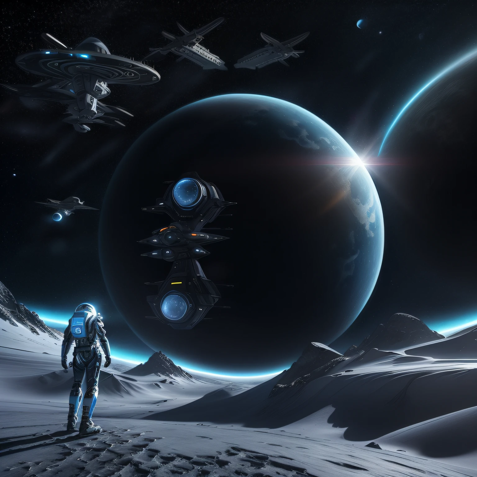 Futuristic smart cities, human residents in futuristic costumes, mace transport vehicles and spaceships on an unknown and inhospitable planet.