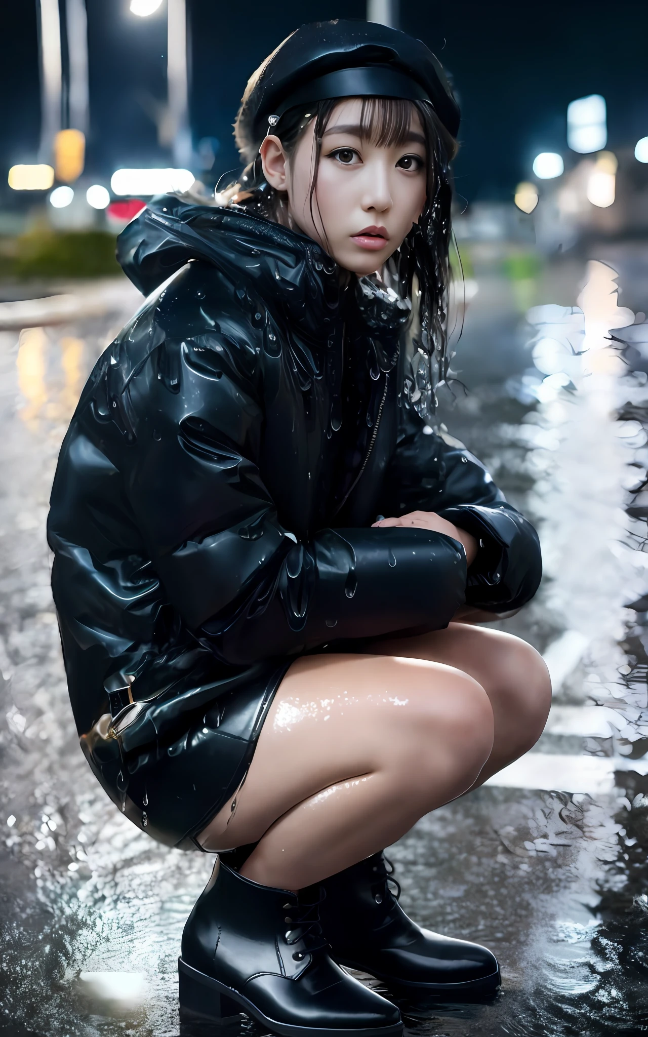 Short boots in wet leather (top quality, RAW, 16k, Real Photo, masterpiece), water is flowing, covered in liquid, water droplets