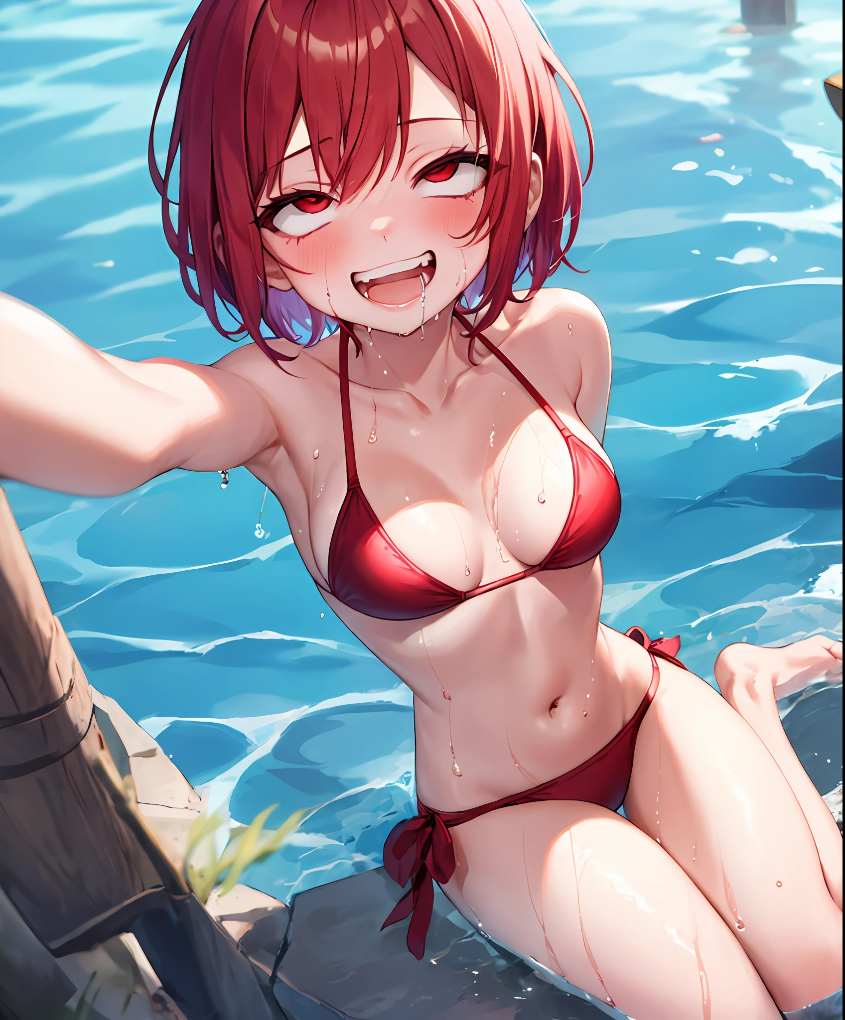 1girl, rolling eyes,
grin, drool, solo, smile,  tongue out, open mouth, small bikini, red hair, red eyes, full body, out of breath,  big breasts, short hair, much saliva, wet body, licking