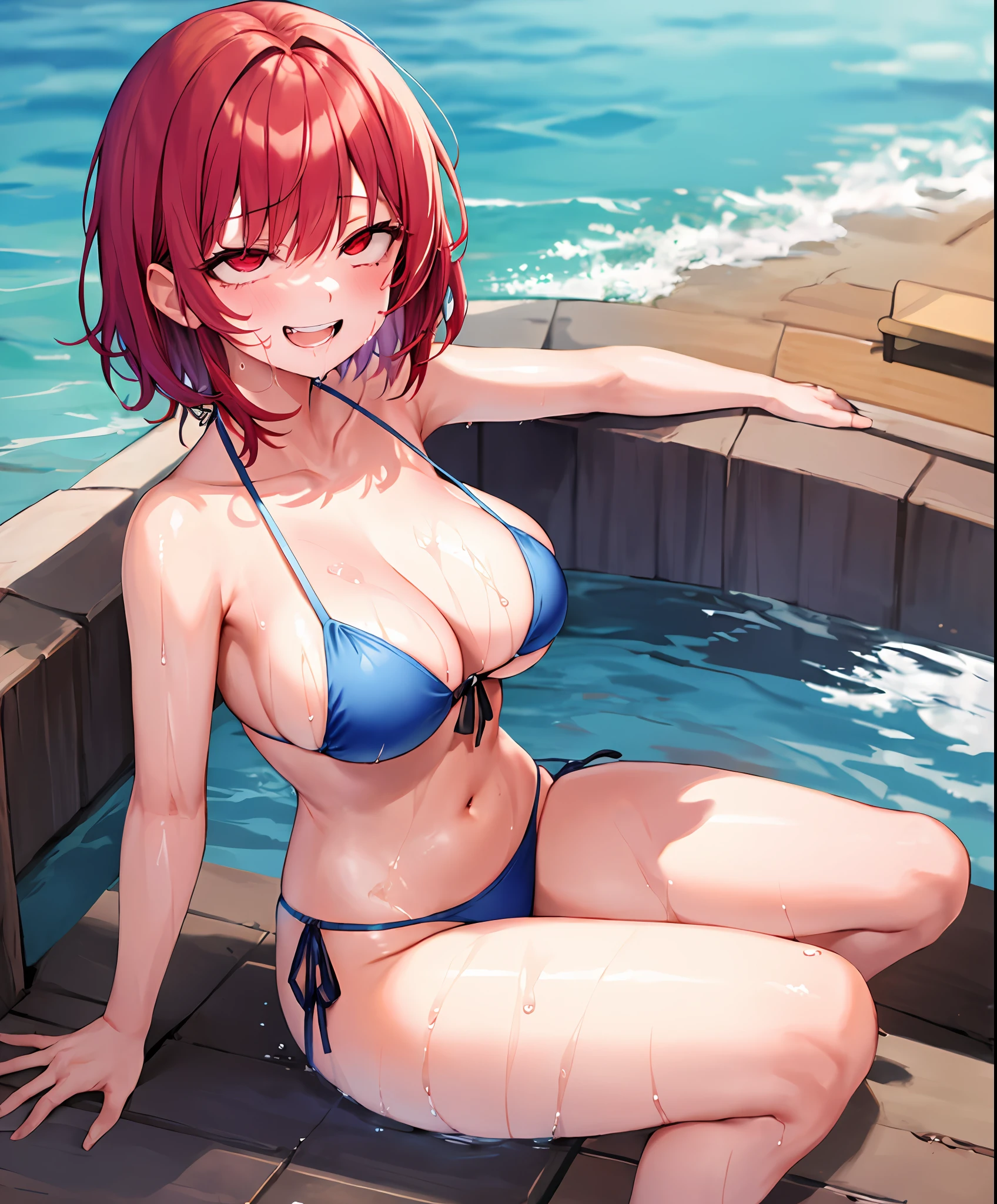 1girl, rolling eyes,
grin, drool, solo, smile, tongue out, open mouth, small bikini, red hair, red eyes, full body, out of breath, big breasts, short hair, much saliva, wet body, licking