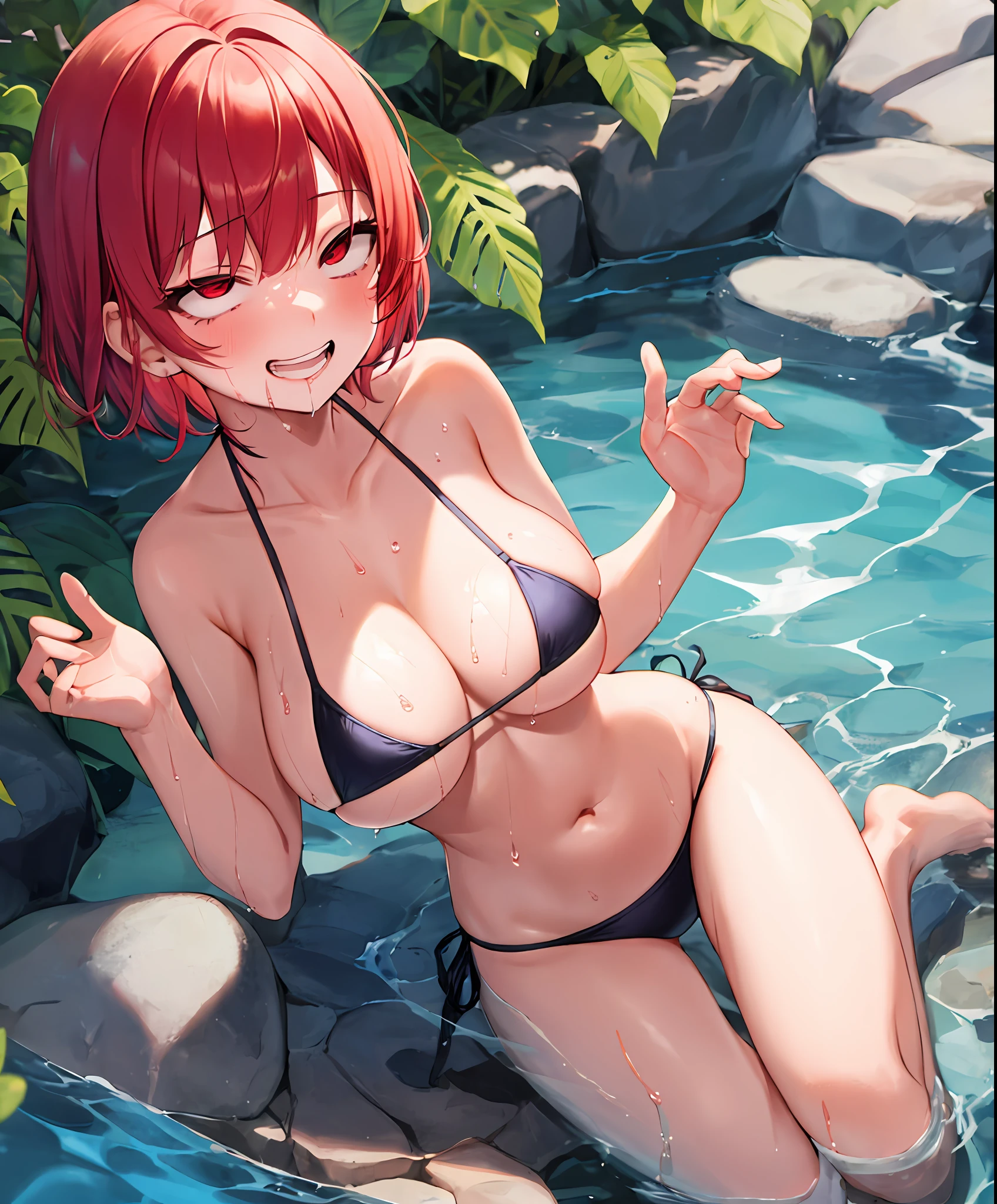 1girl, rolling eyes,
grin, drool, solo, smile, tongue out, open mouth, small bikini, red hair, red eyes, full body, out of breath, big breasts, short hair, much saliva, wet body, licking